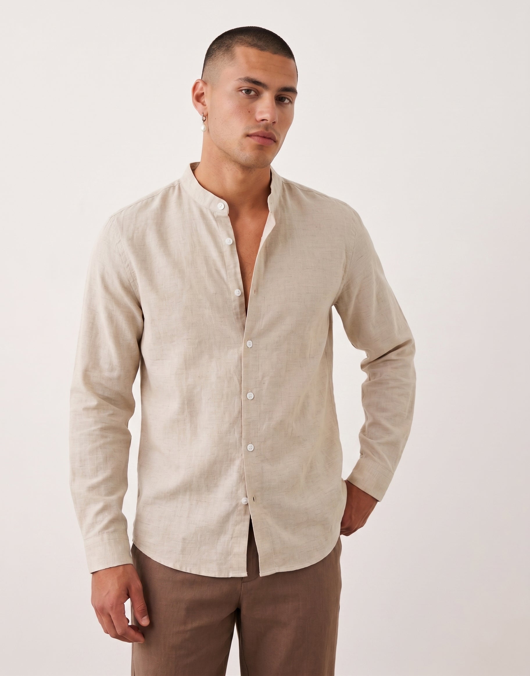 Natural Chinese Collar Linen Shirt