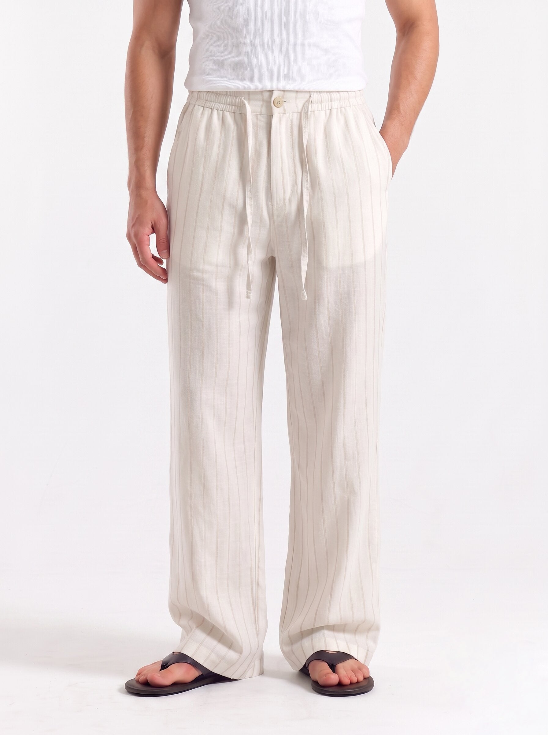Warm Ivory Striped Cotton linen Pant