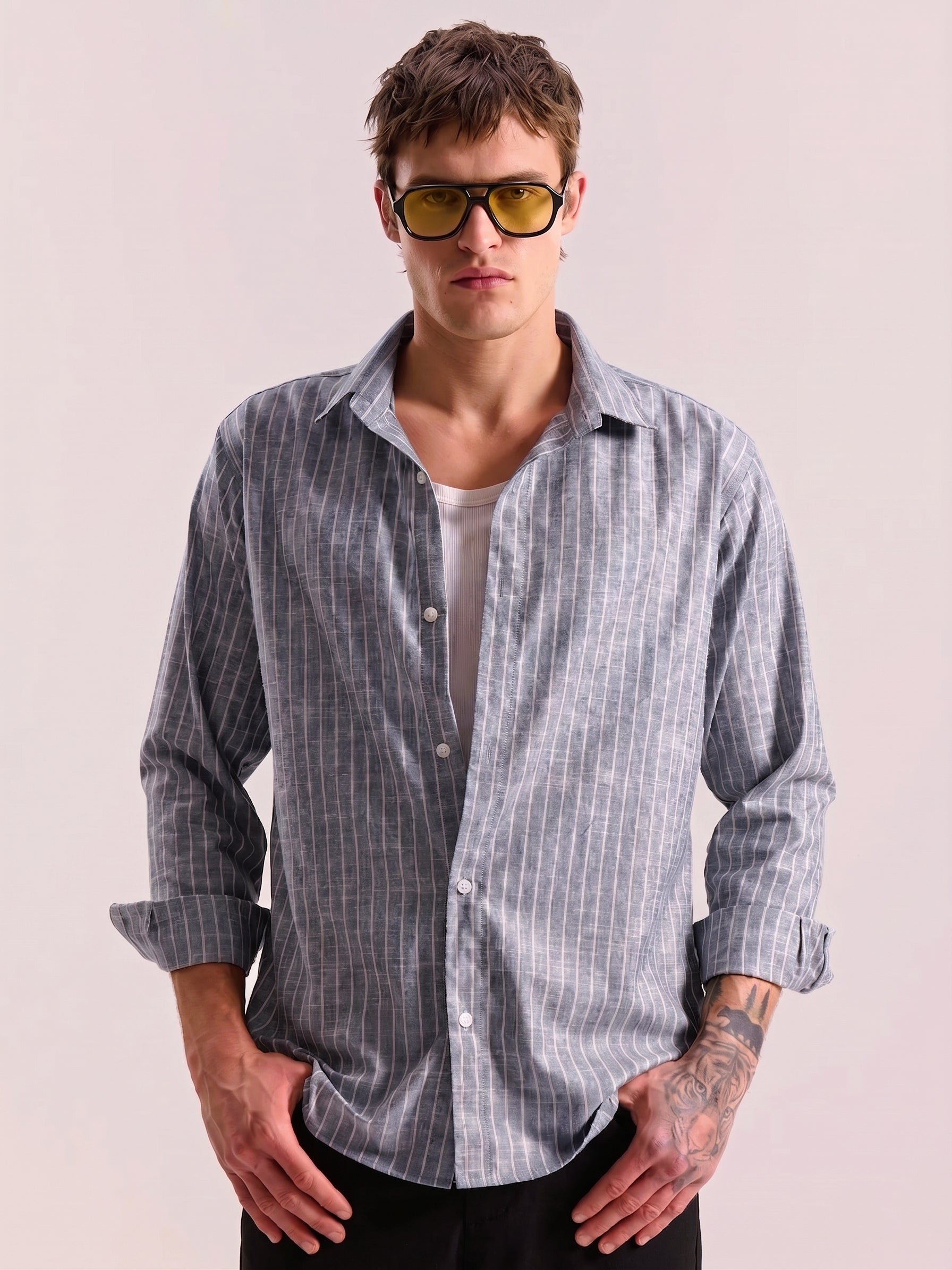 Navy Blue Striped Linen Shirt