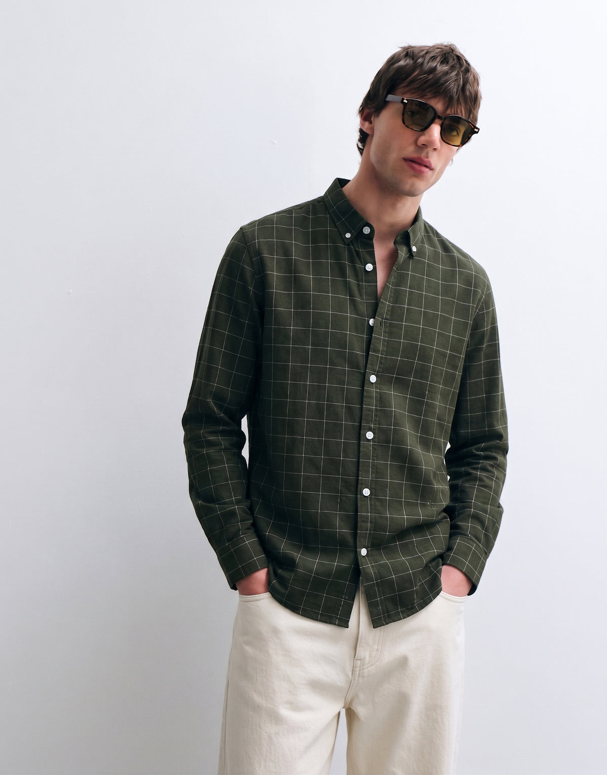 Olive Green Checked Cotton Shirt