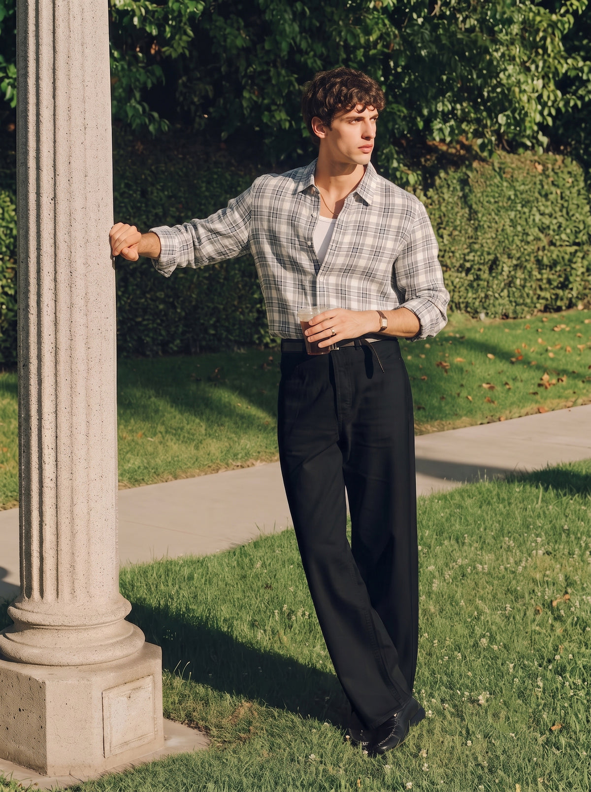 Grey Checked Linen Shirt