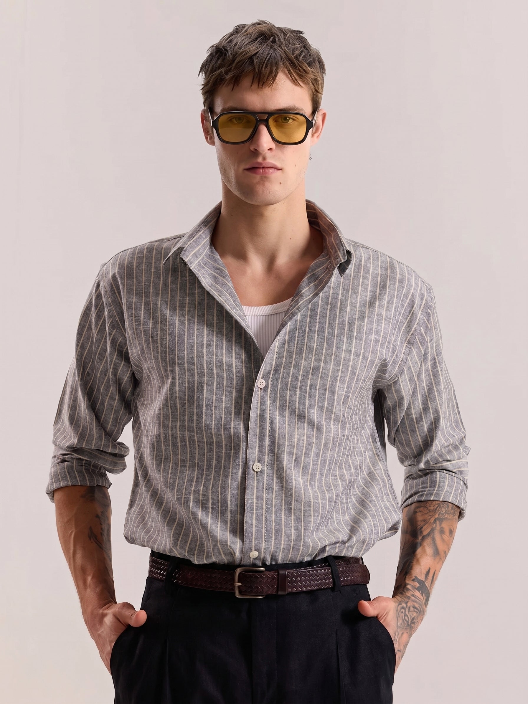 Grey Striped Linen Shirt