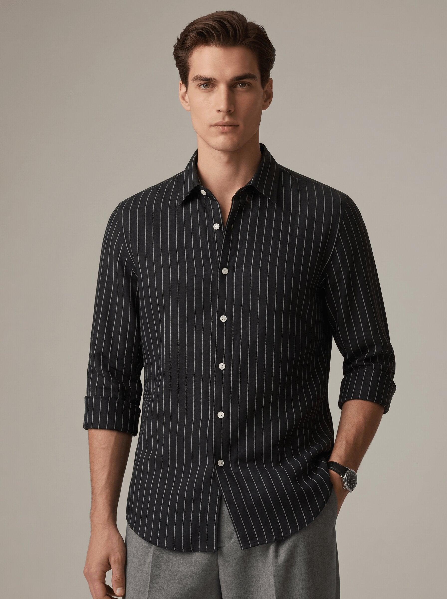 Black Pinstriped Linen Shirt
