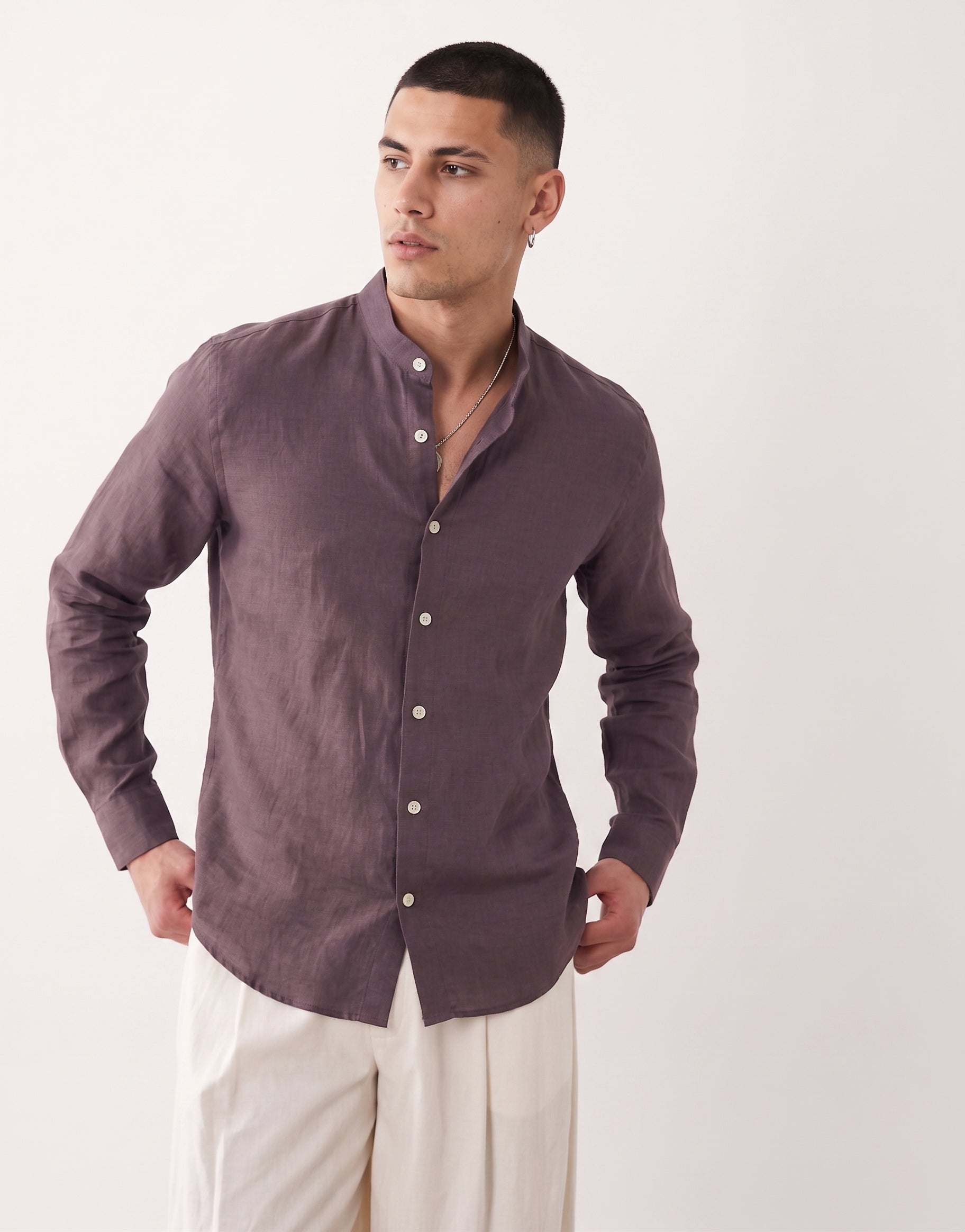 Purple Chinese Collar Linen Shirt