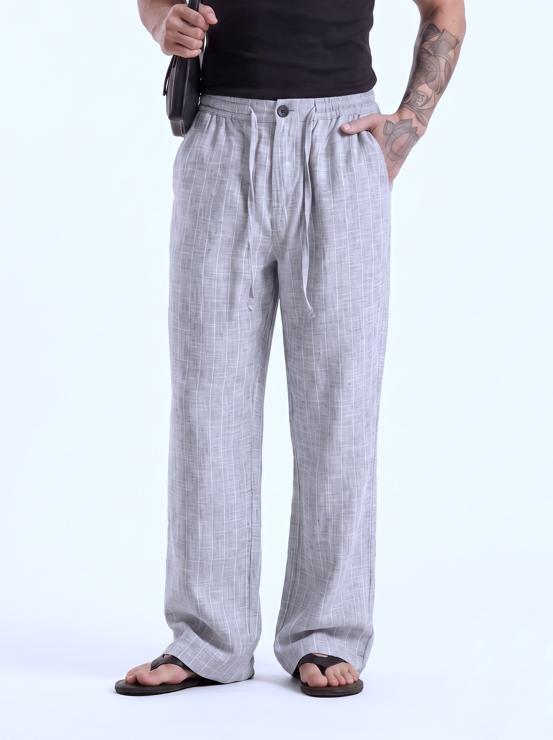 Light Grey Striped Cotton Linen Pant