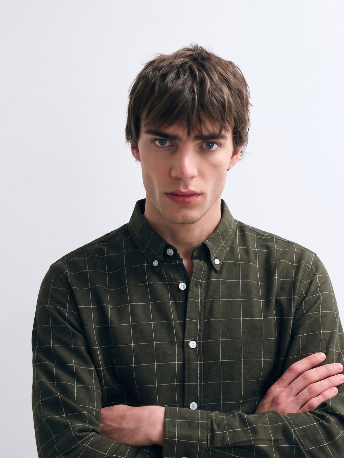 Olive Green Checked Cotton Shirt