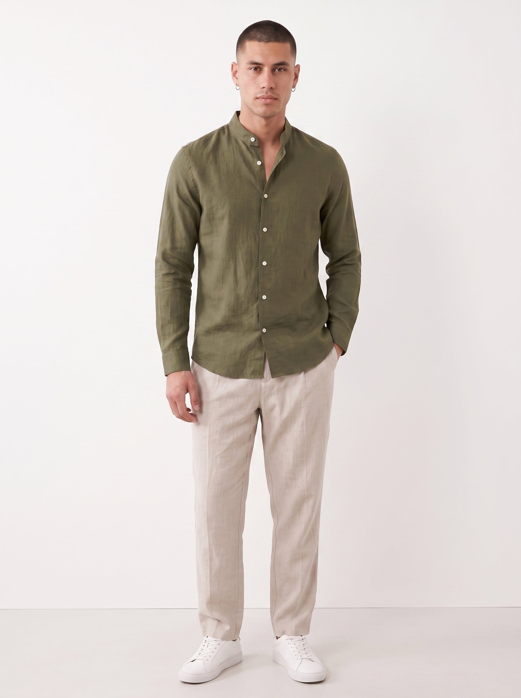Forest Chinese Collar Linen Shirt