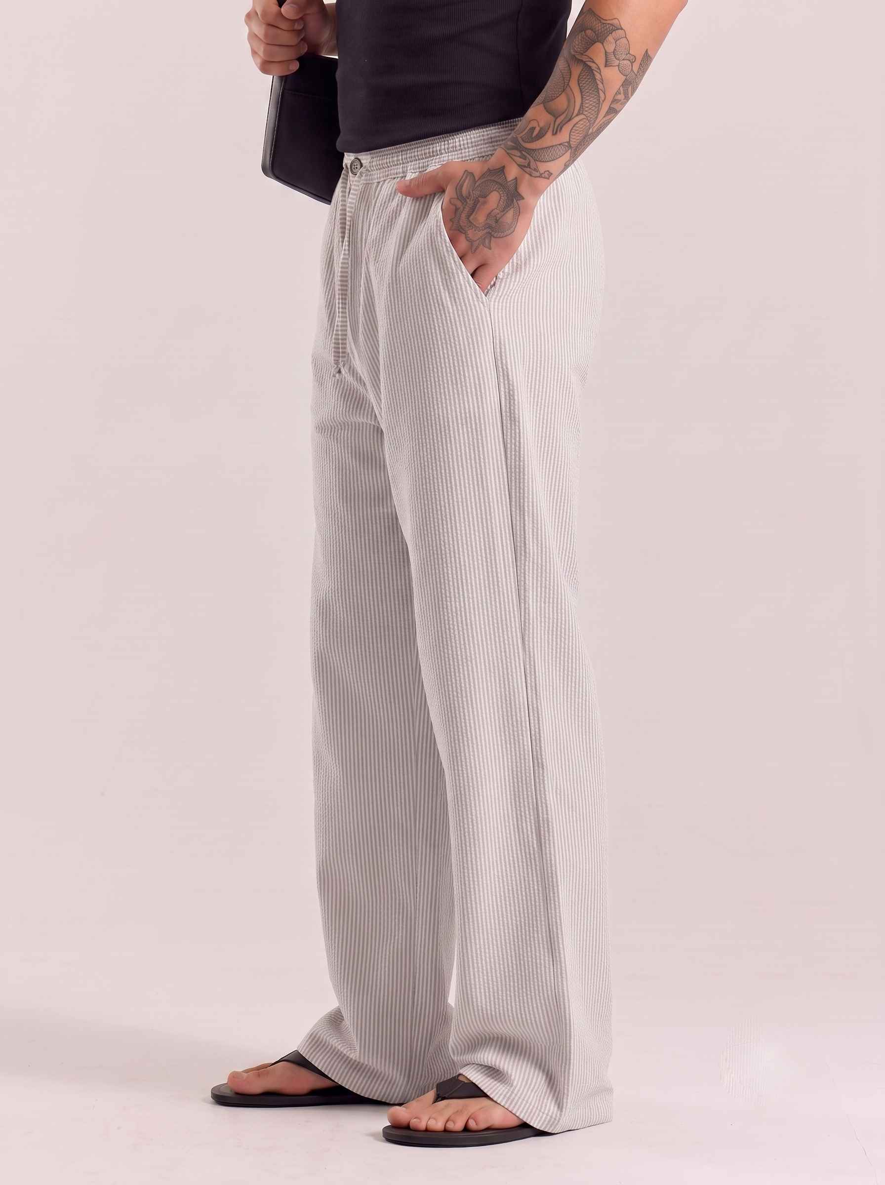 Ash Grey Striped Cotton Linen Pant