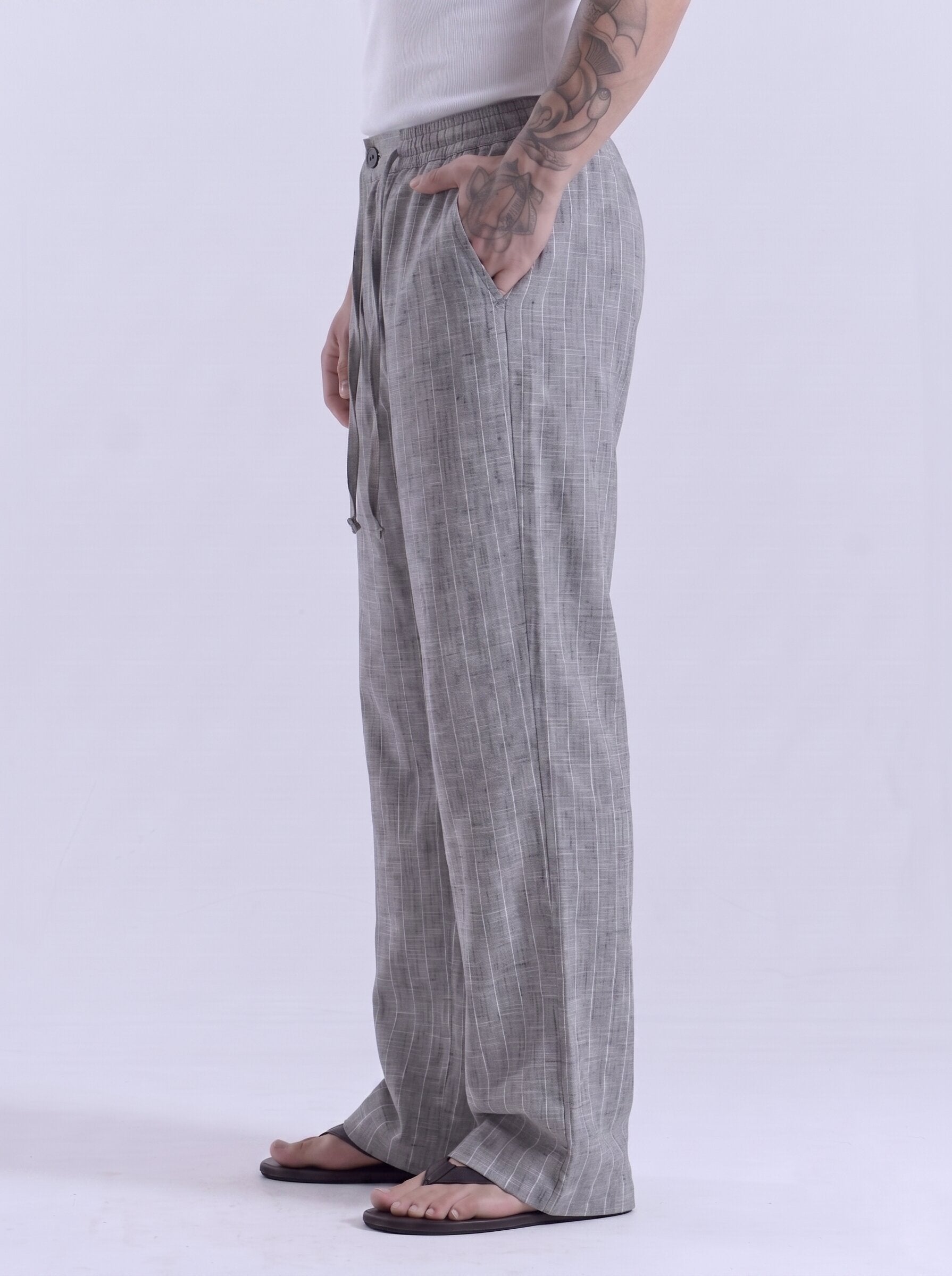 Dark Grey Striped Cotton Linen Pant