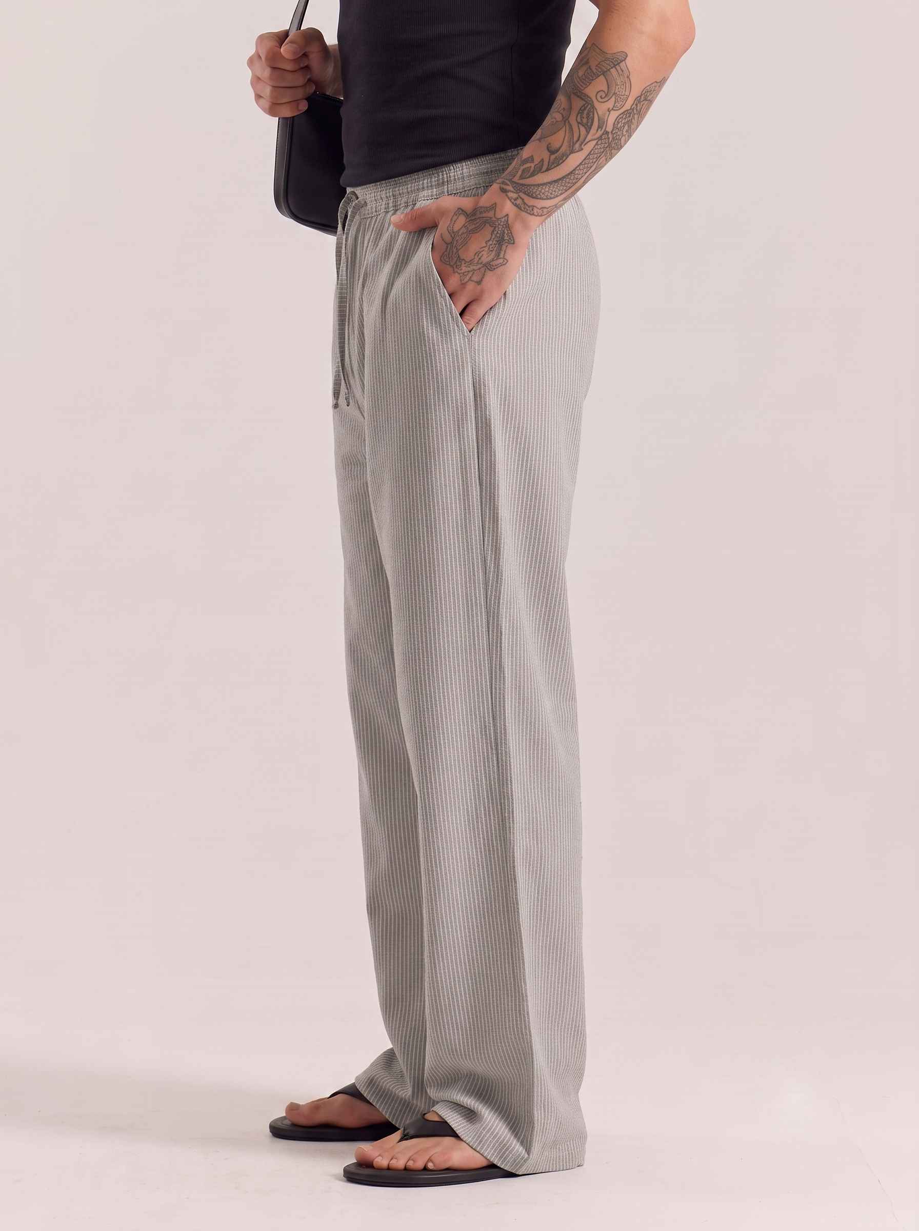 Sage Green Striped Cotton Linen Pant