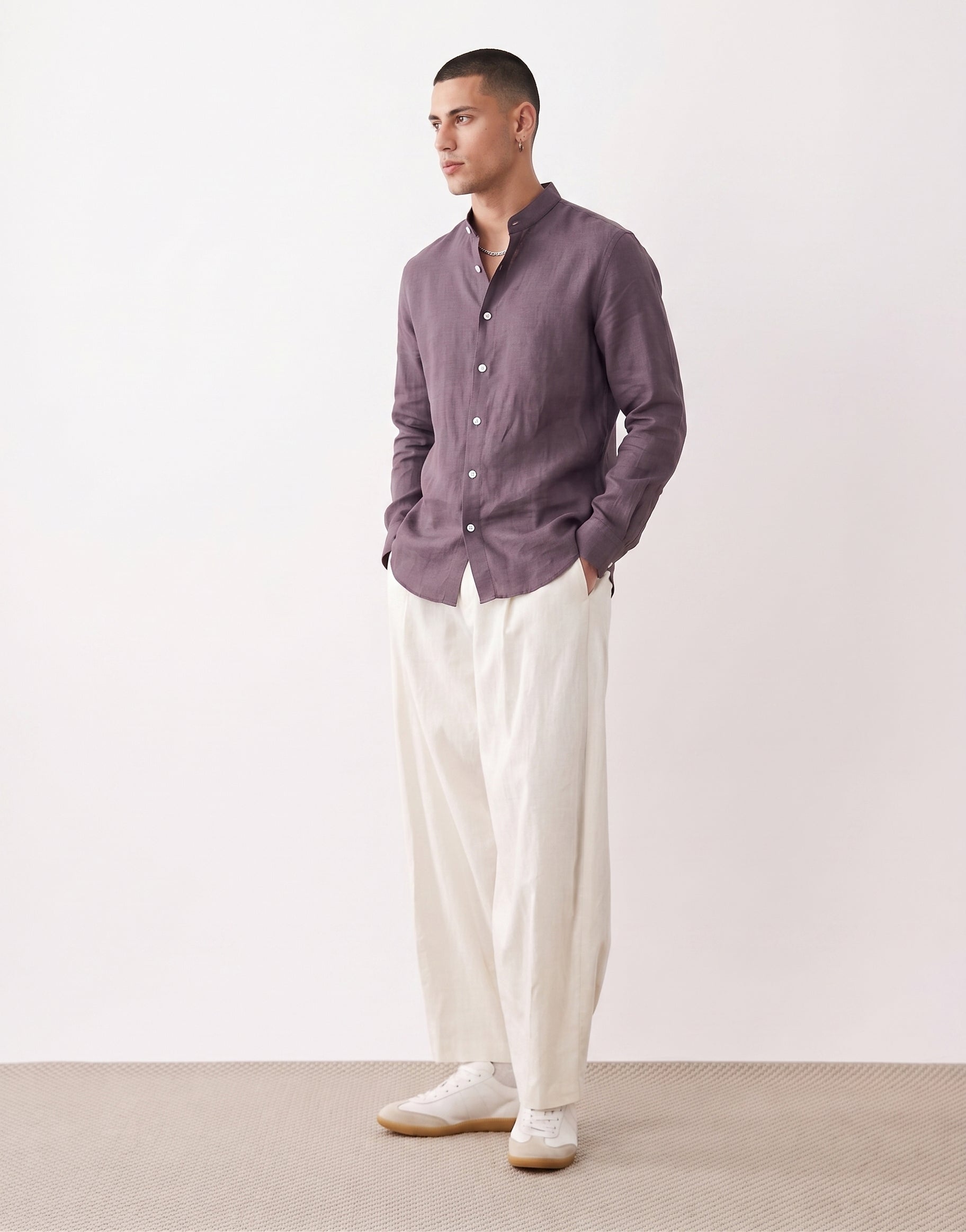 Purple Chinese Collar Linen Shirt