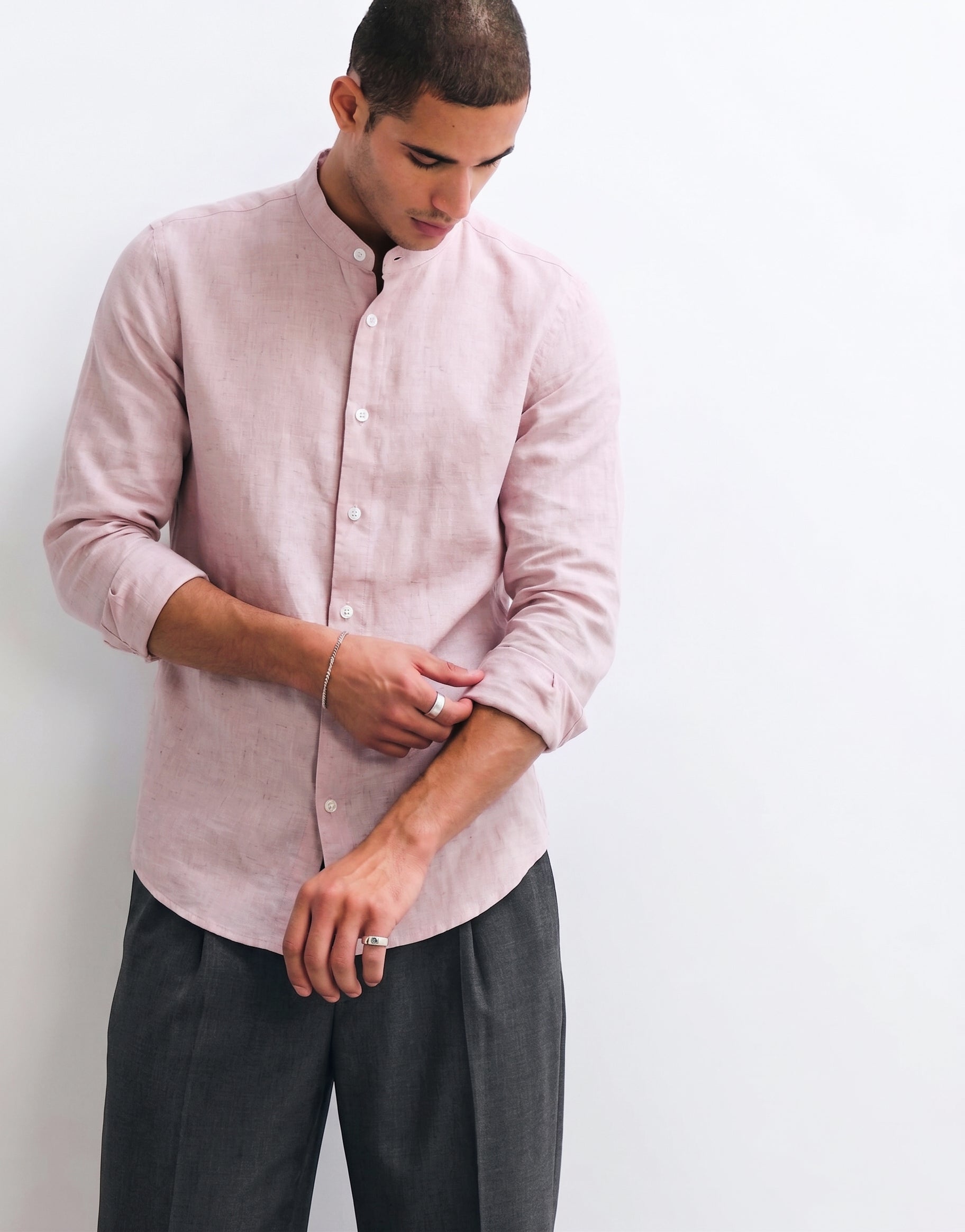 Petal Pink Chinese Collar Linen Shirt
