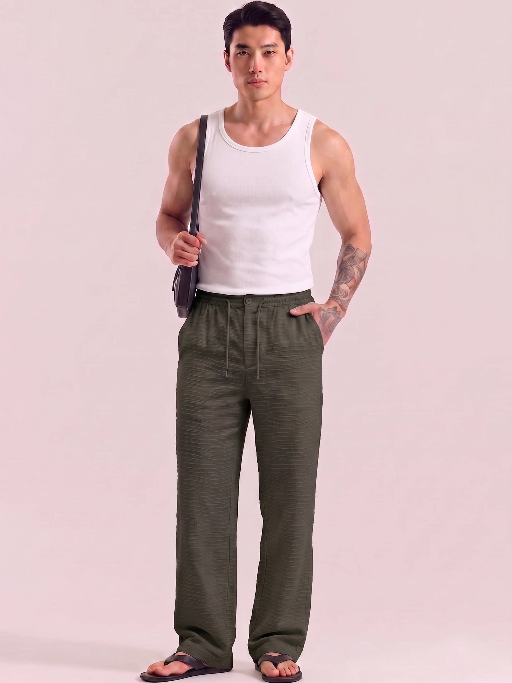 Green Striped Cotton Linen Pant