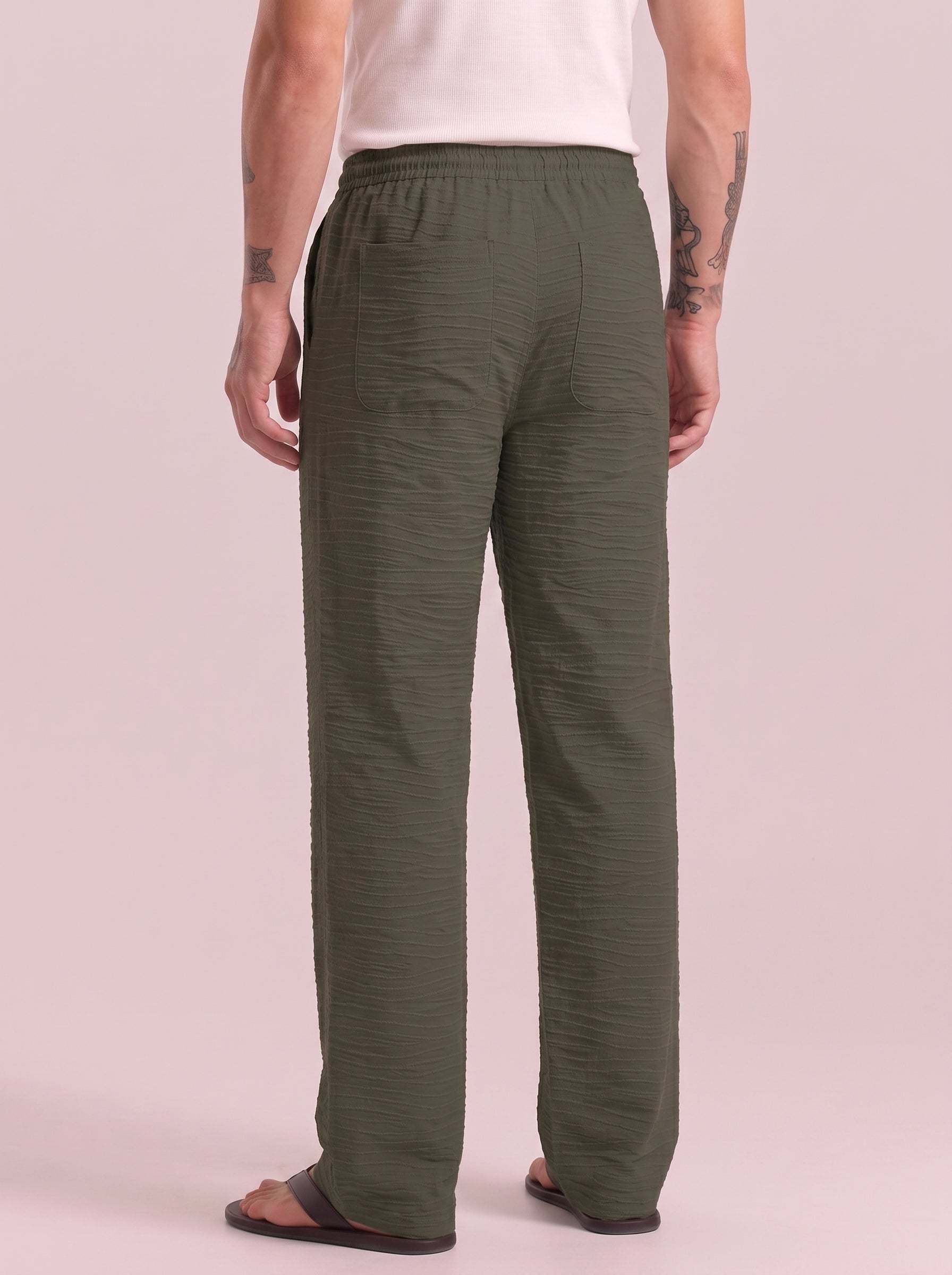 Green Striped Cotton Linen Pant