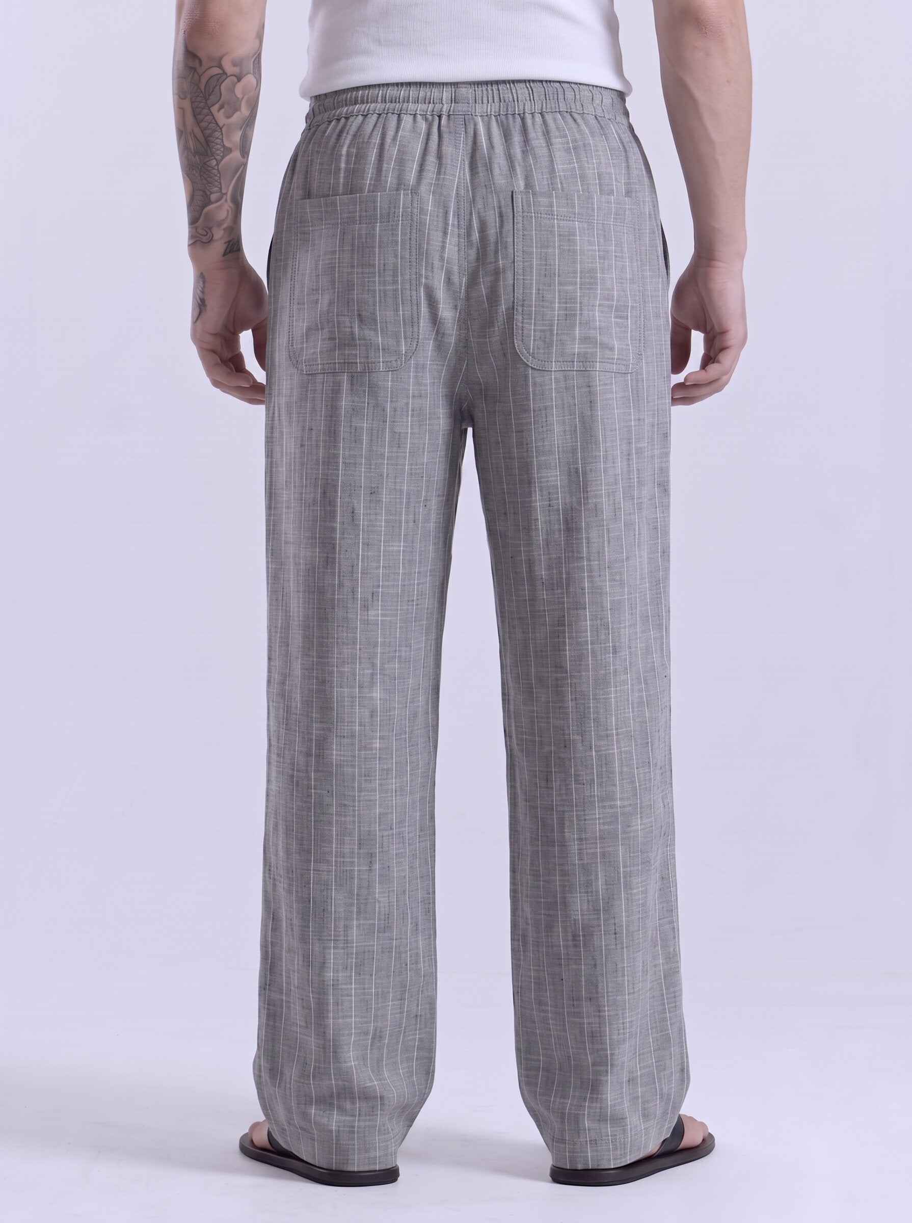 Dark Grey Striped Cotton Linen Pant