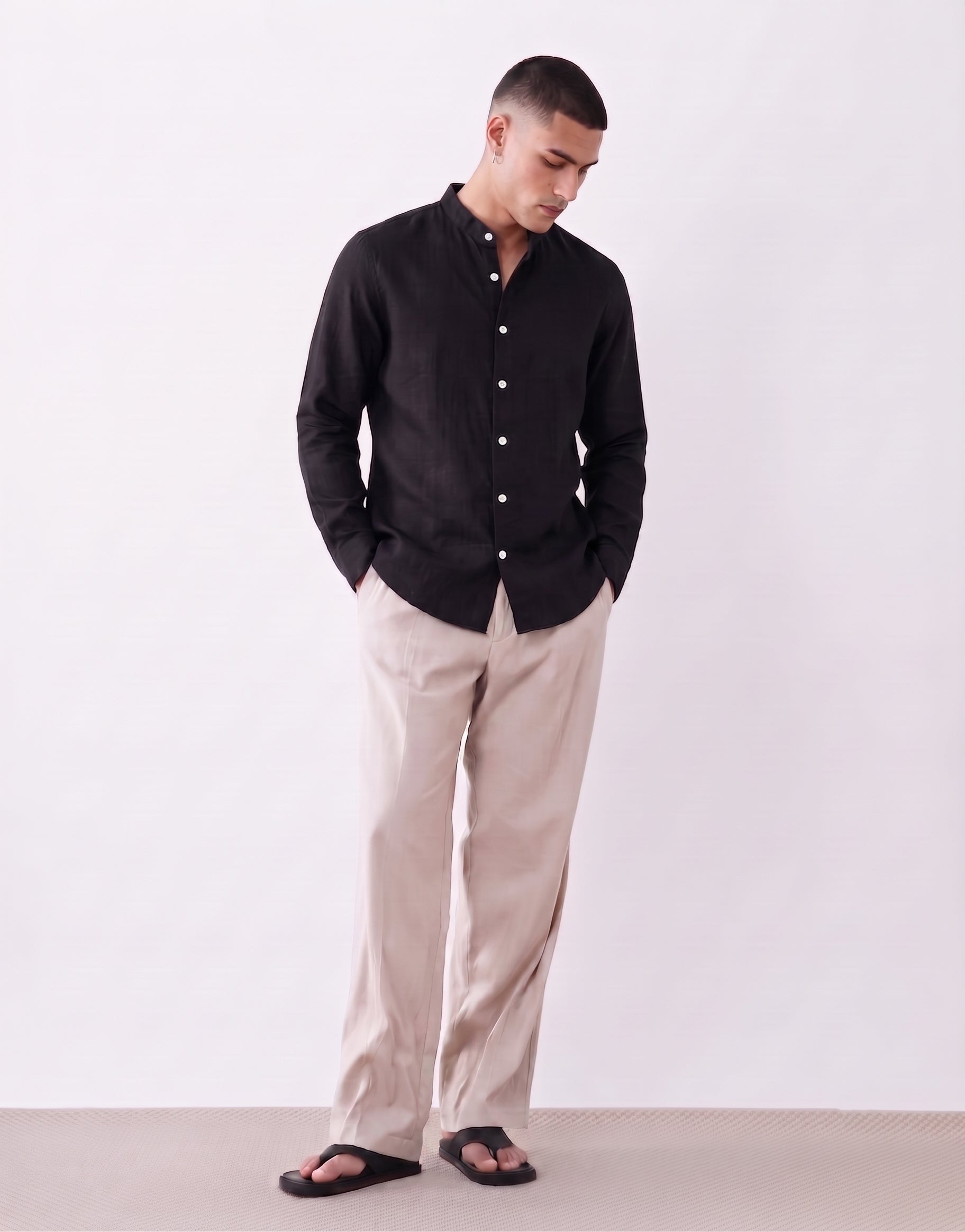 Black Chinese Collar Linen Shirt
