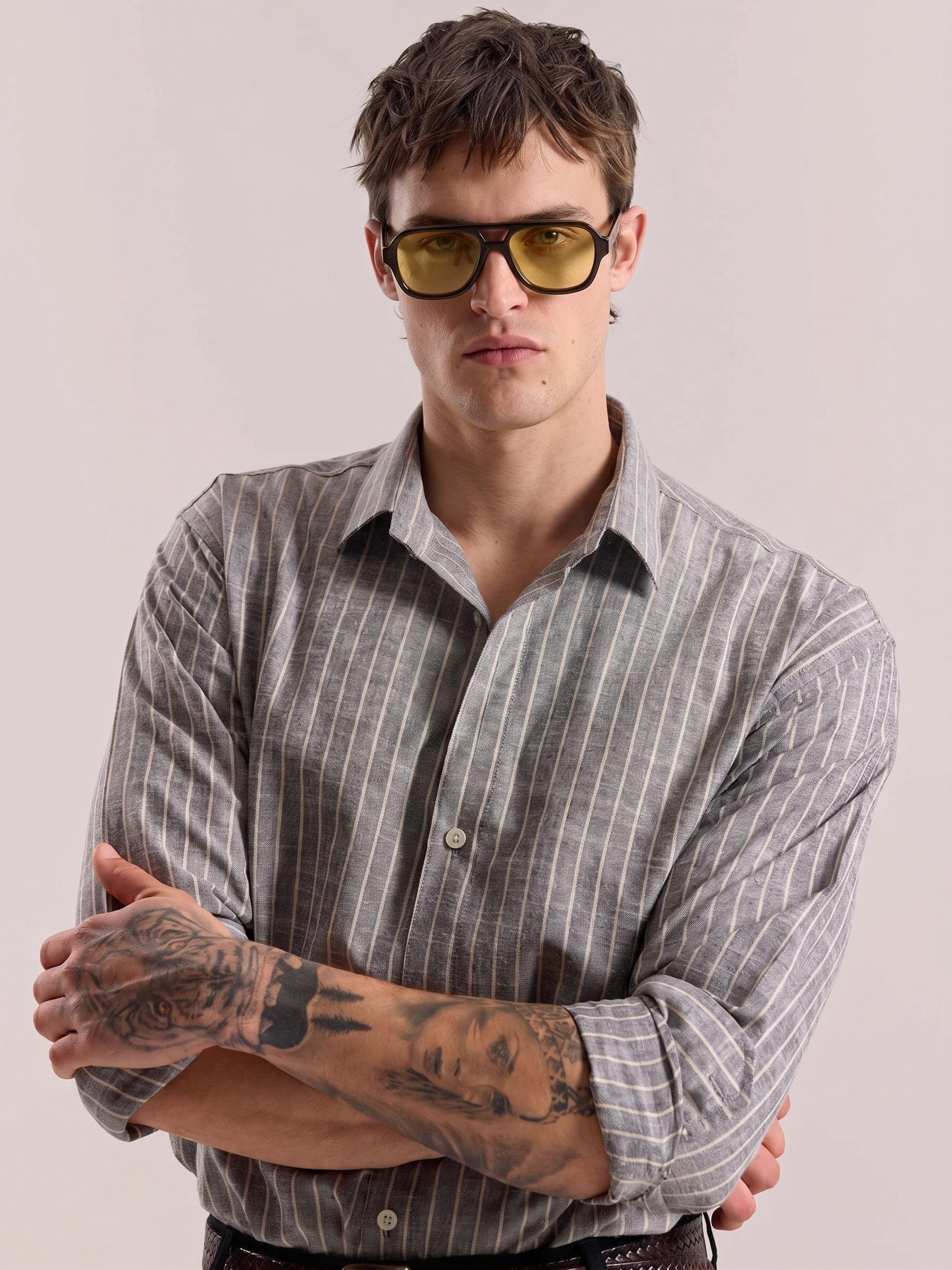 Grey Striped Linen Shirt