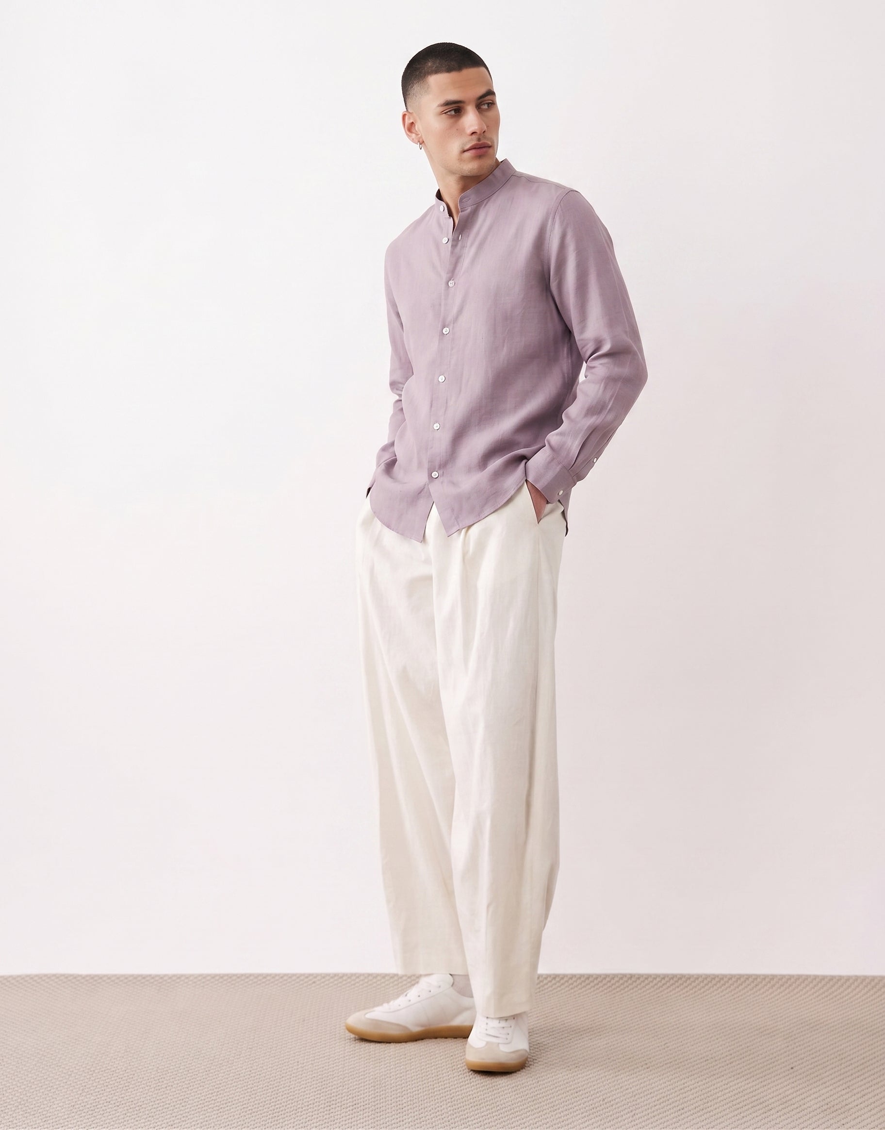 Lavender Chinese Collar Linen Shirt