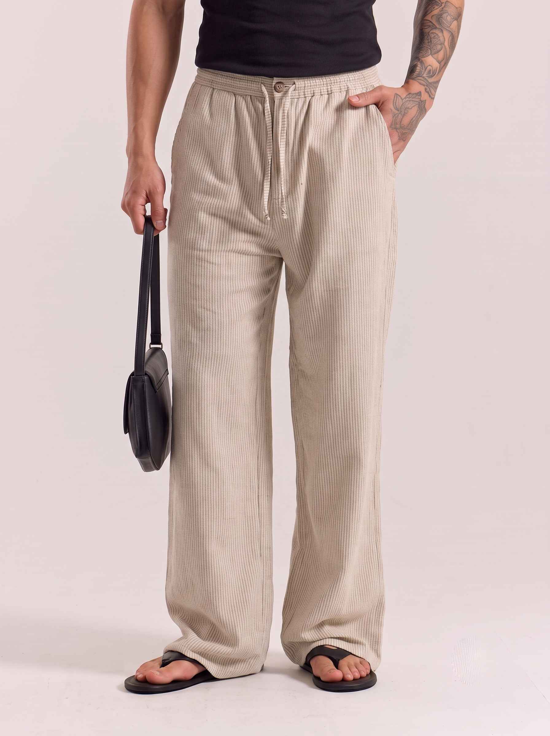 Natural Pinstriped Cotton Linen Pant