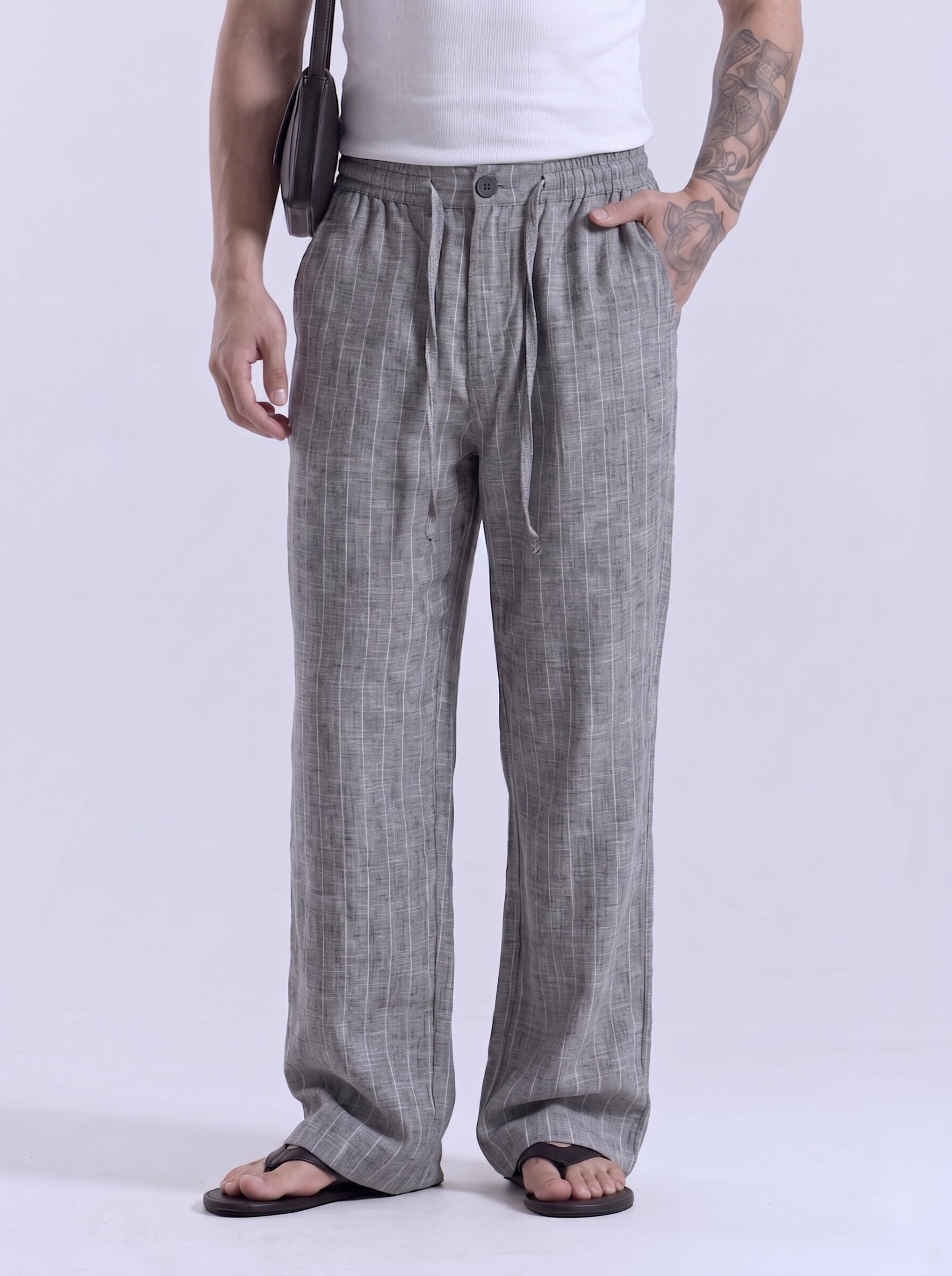 Dark Grey Striped Cotton Linen Pant