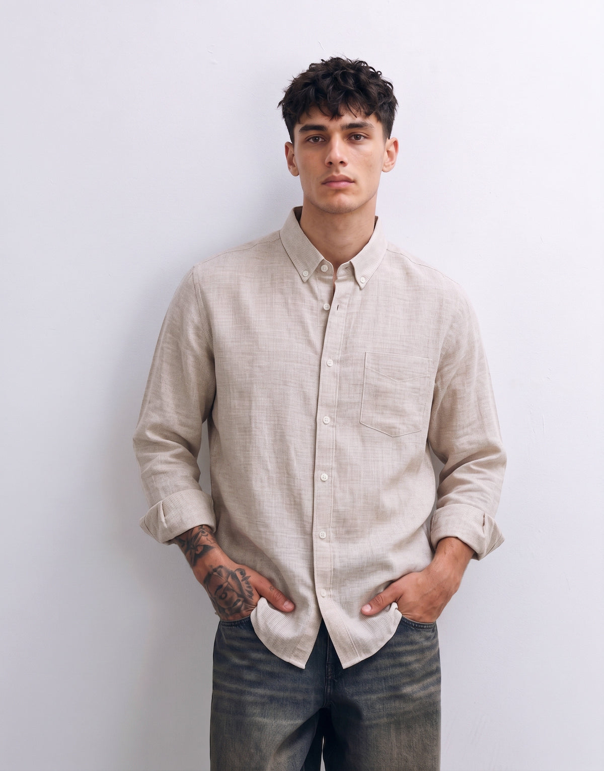 Warm Ivory Striped Linen Shirt