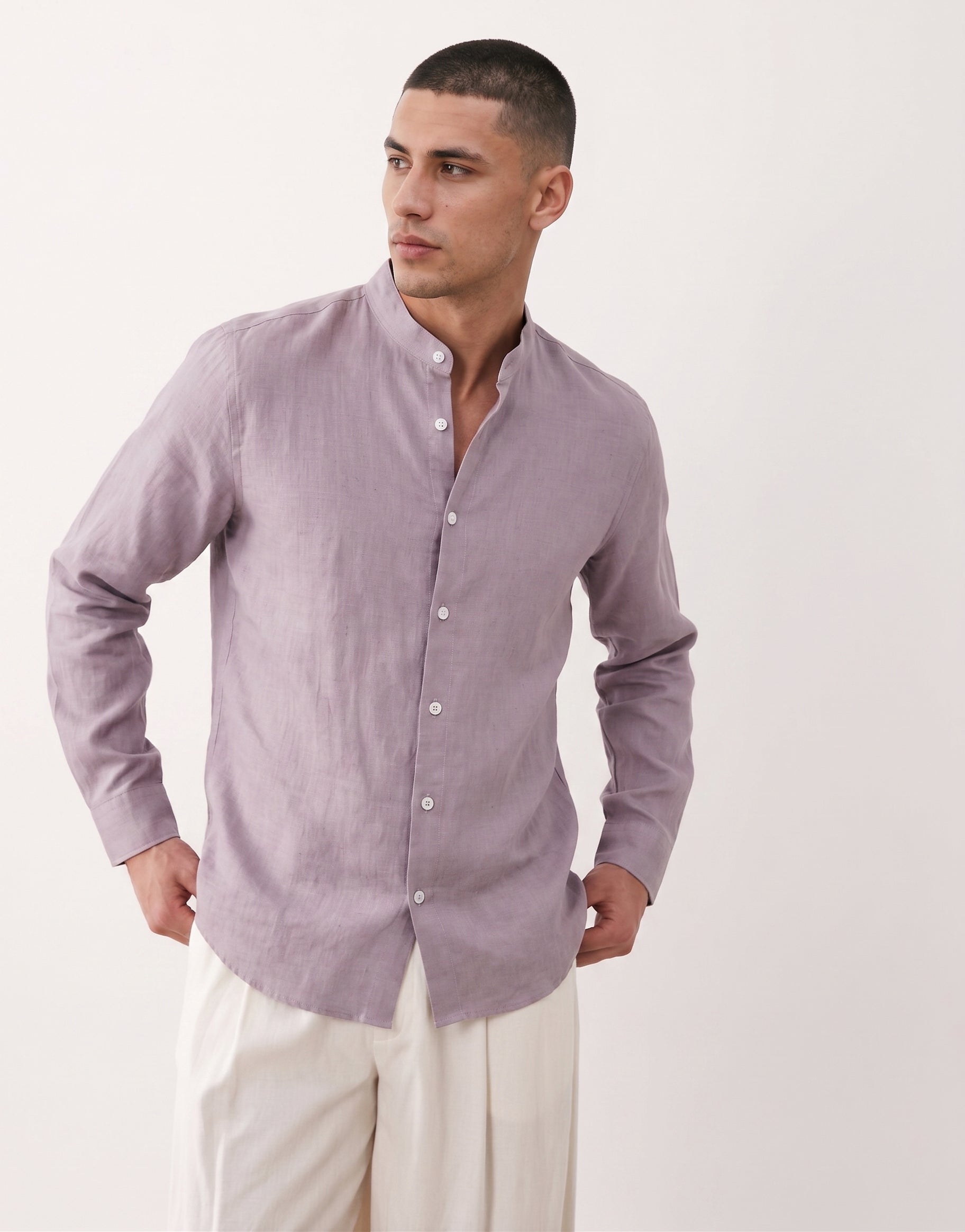 Lavender Chinese Collar Linen Shirt