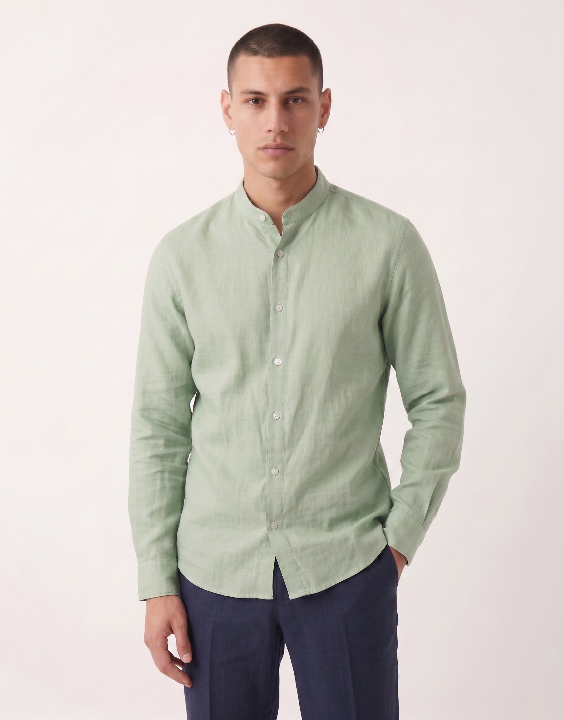Pistachio Chinese Collar Linen Shirt