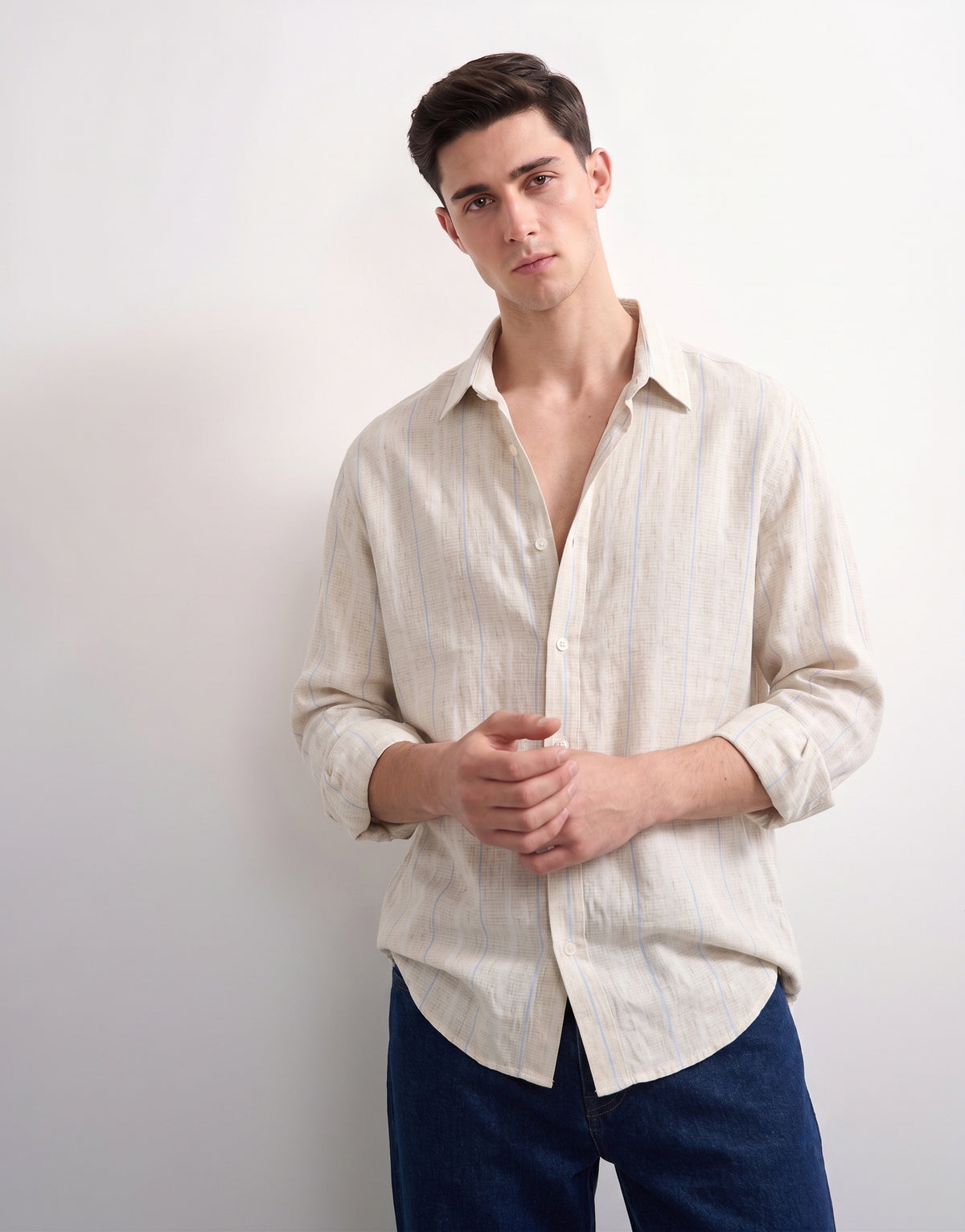 Creamy Blue Striped Linen Shirt