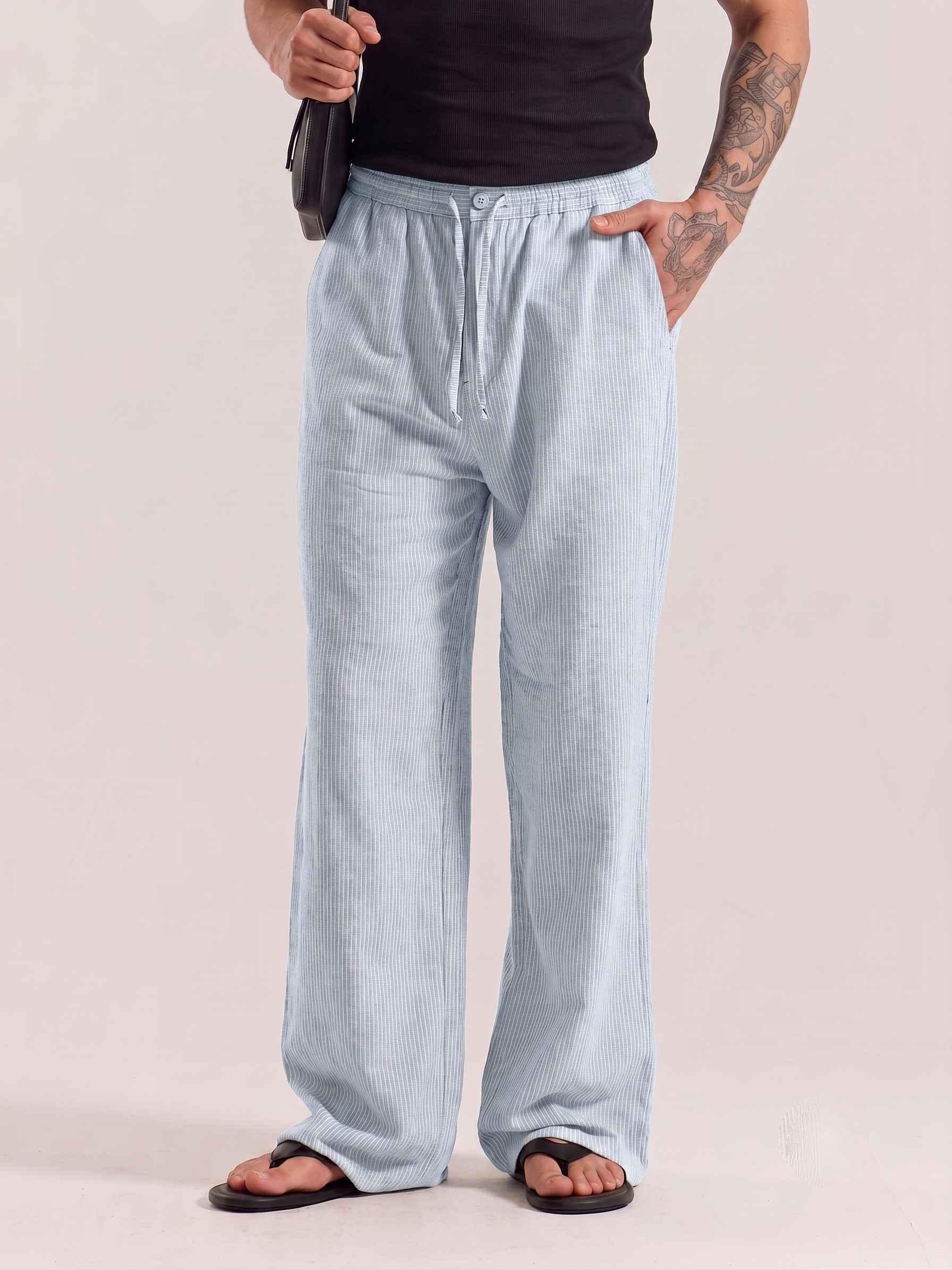 Ice Blue Striped Cotton Linen Pant