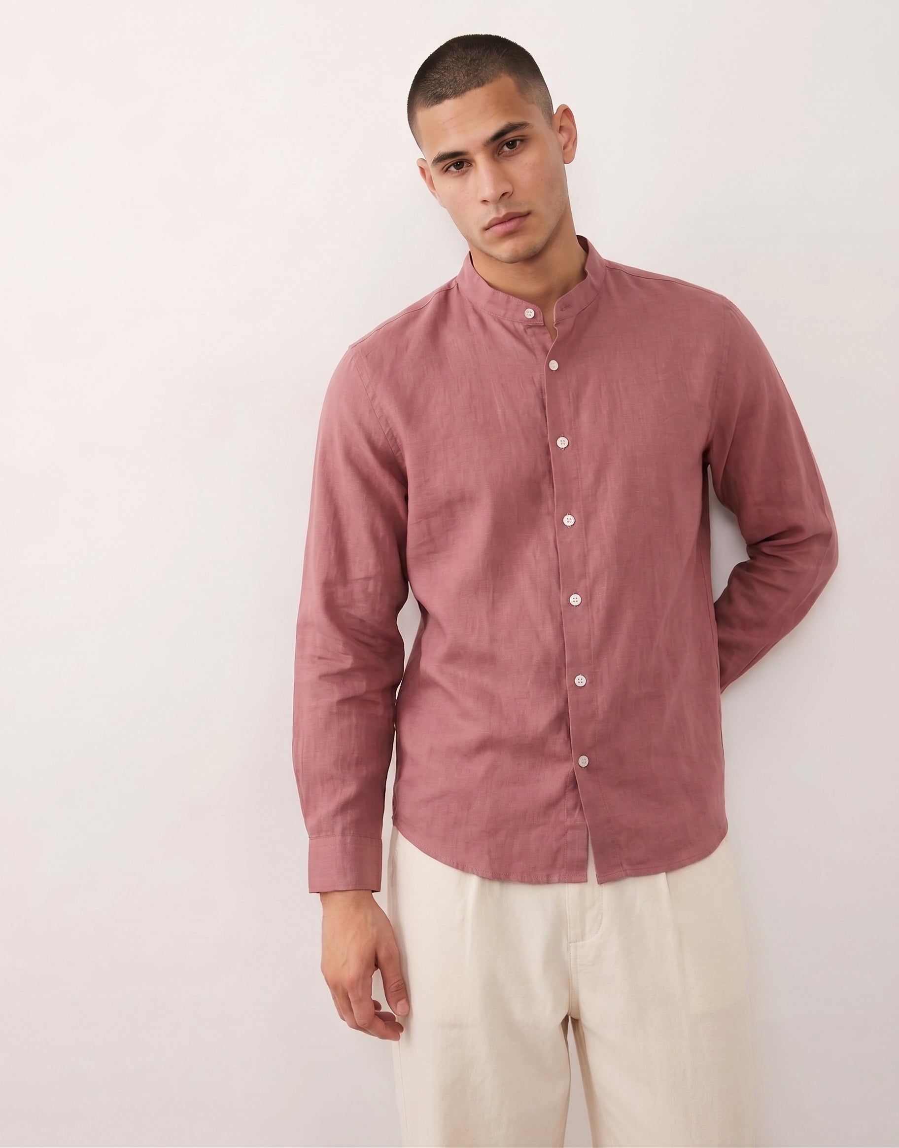Rust Red Chinese Collar Linen Shirt