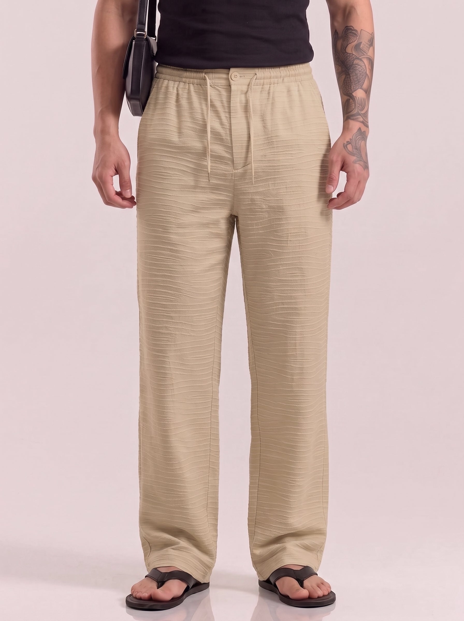 Sand Beige Striped Cotton Linen Pant