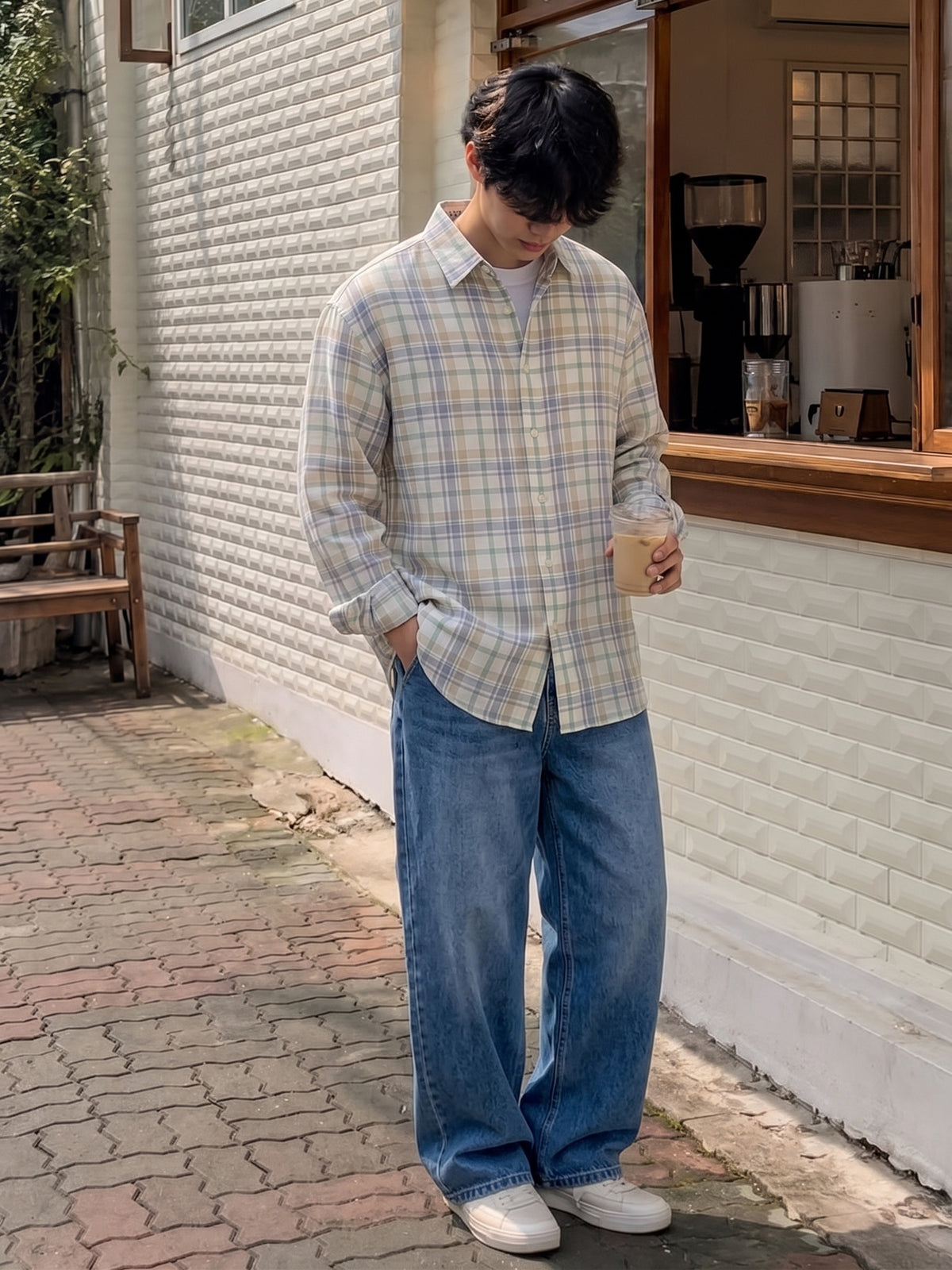 Cream Checked Linen Shirt