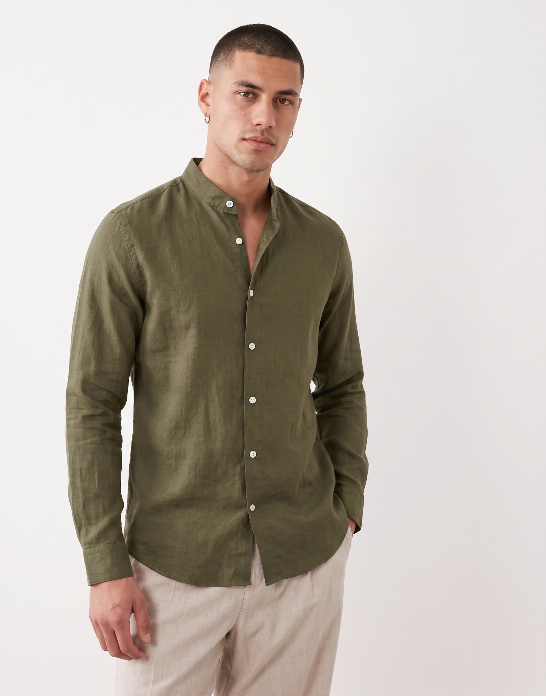Forest Chinese Collar Linen Shirt