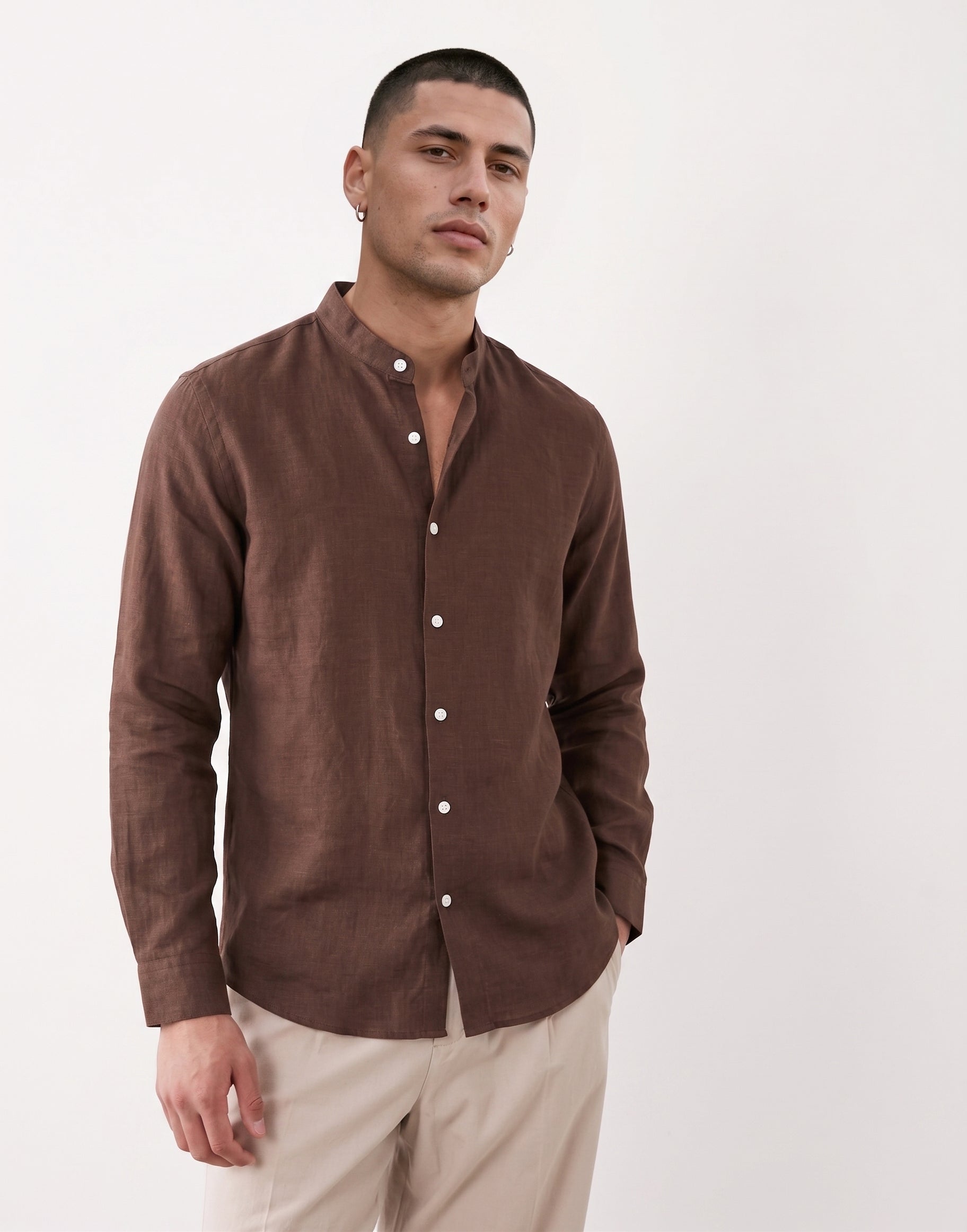 Mocha Chinese Collar Linen Shirt