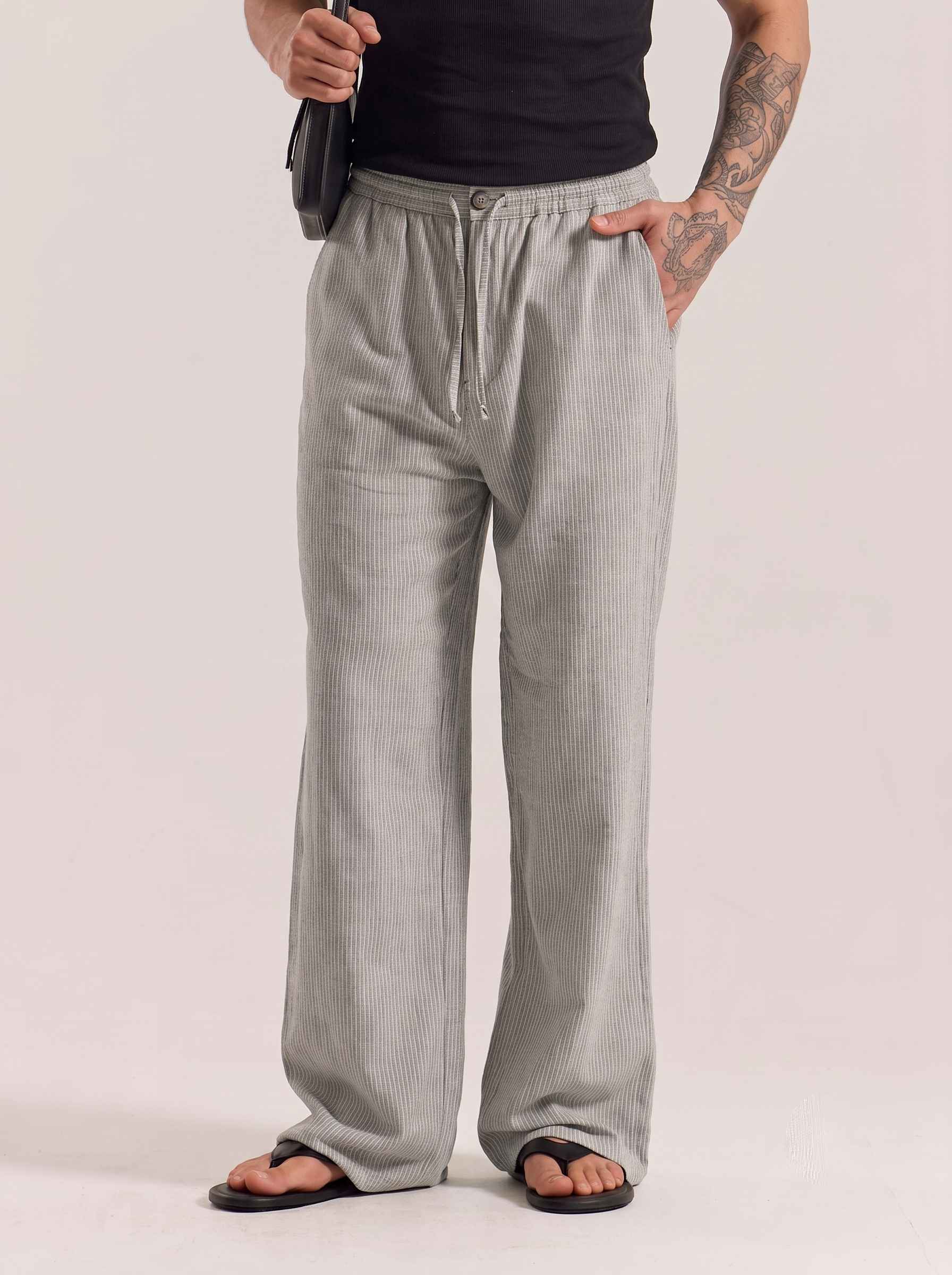 Sage Green Striped Cotton Linen Pant