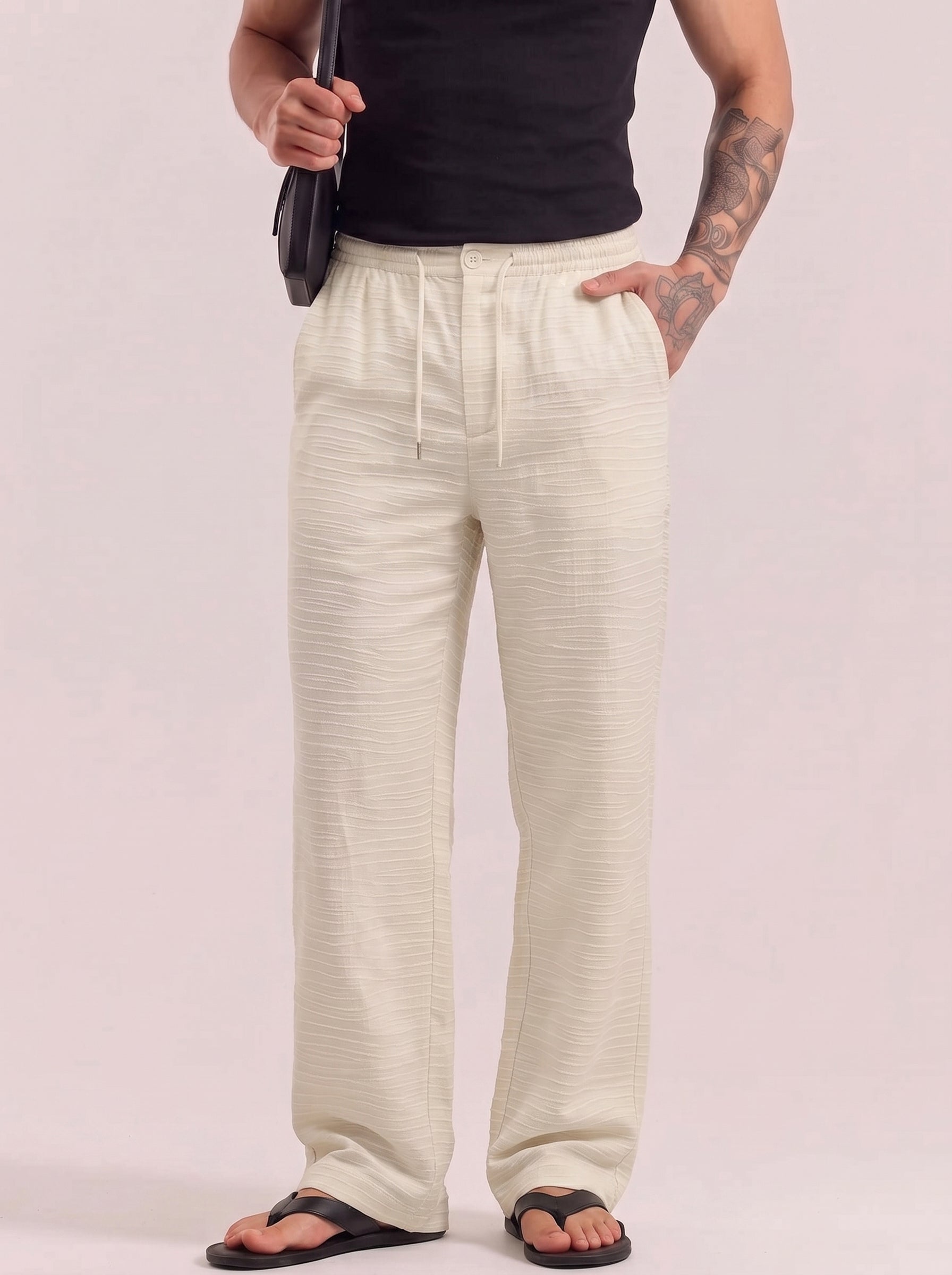 Rich Cream Striped Cotton Linen Pant