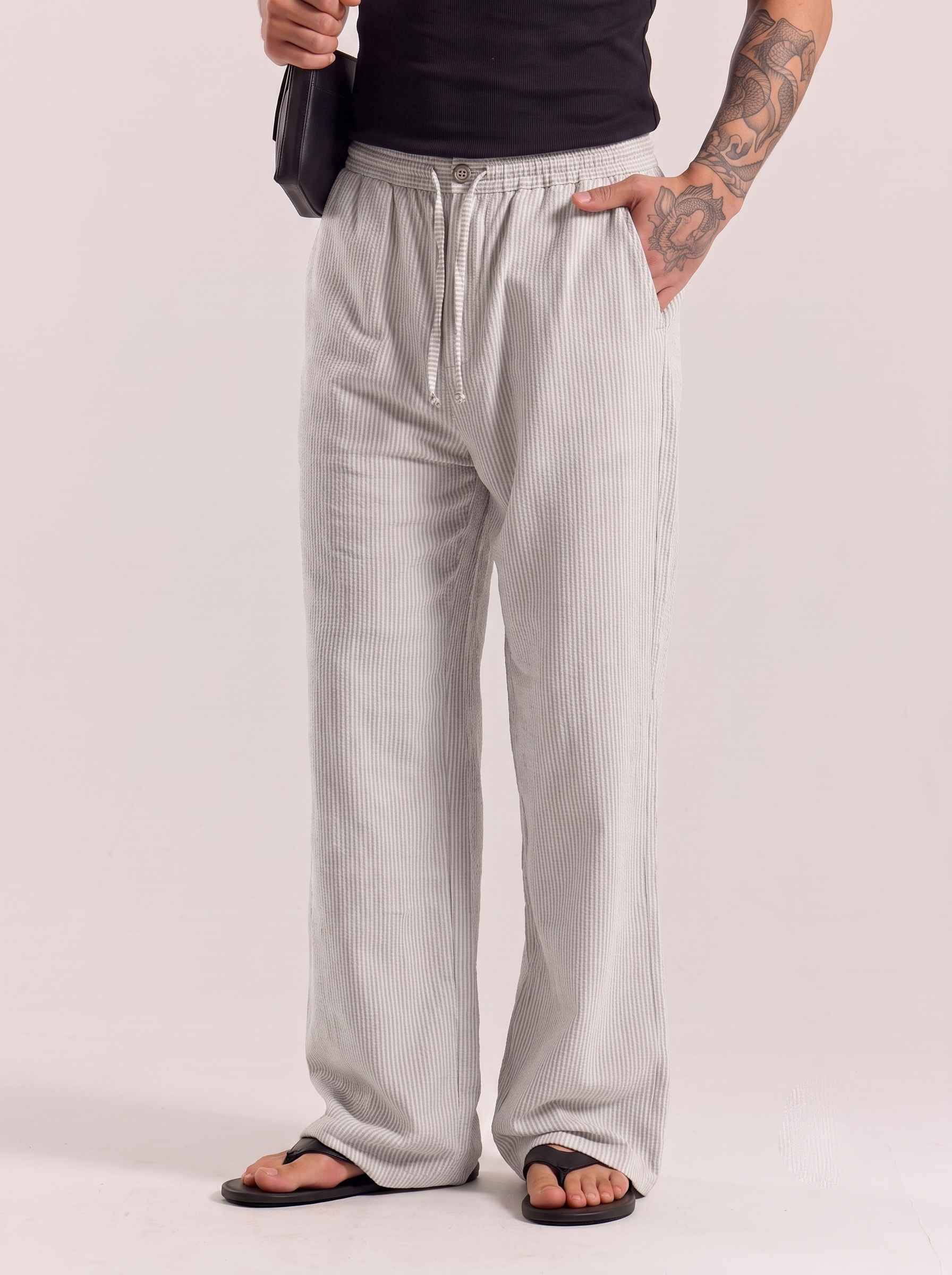 Ash Grey Striped Cotton Linen Pant