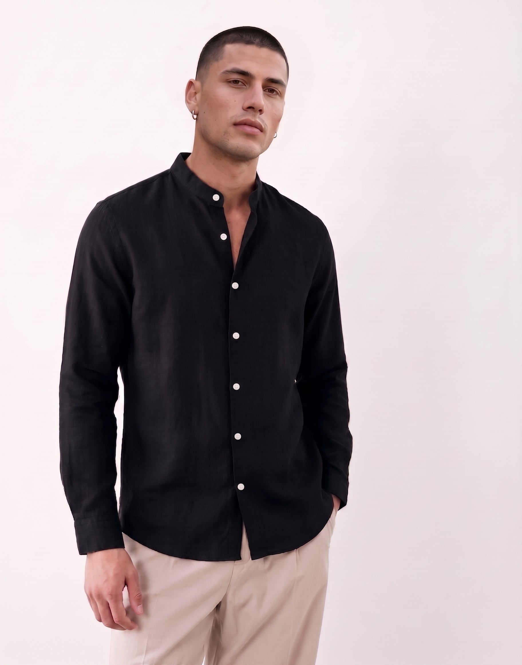 Black Chinese Collar Linen Shirt