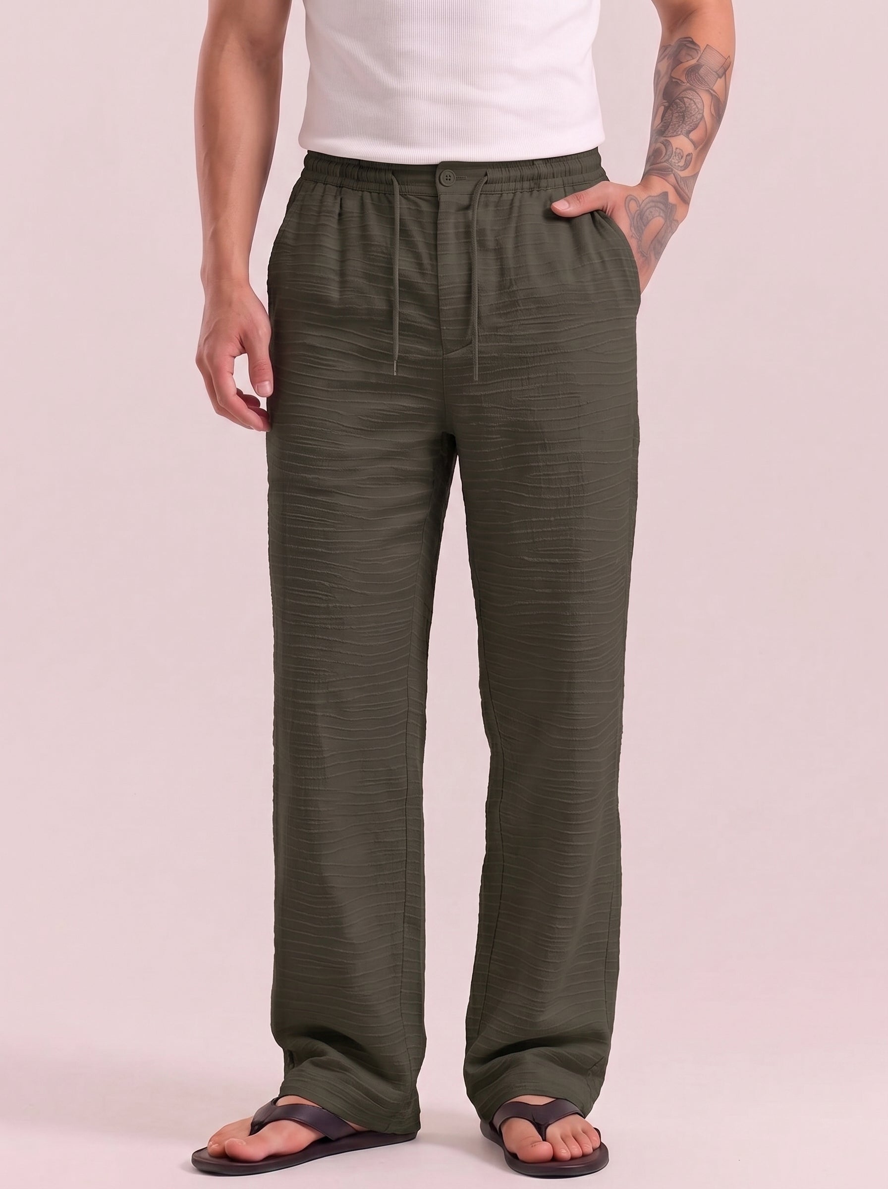 Green Striped Cotton Linen Pant