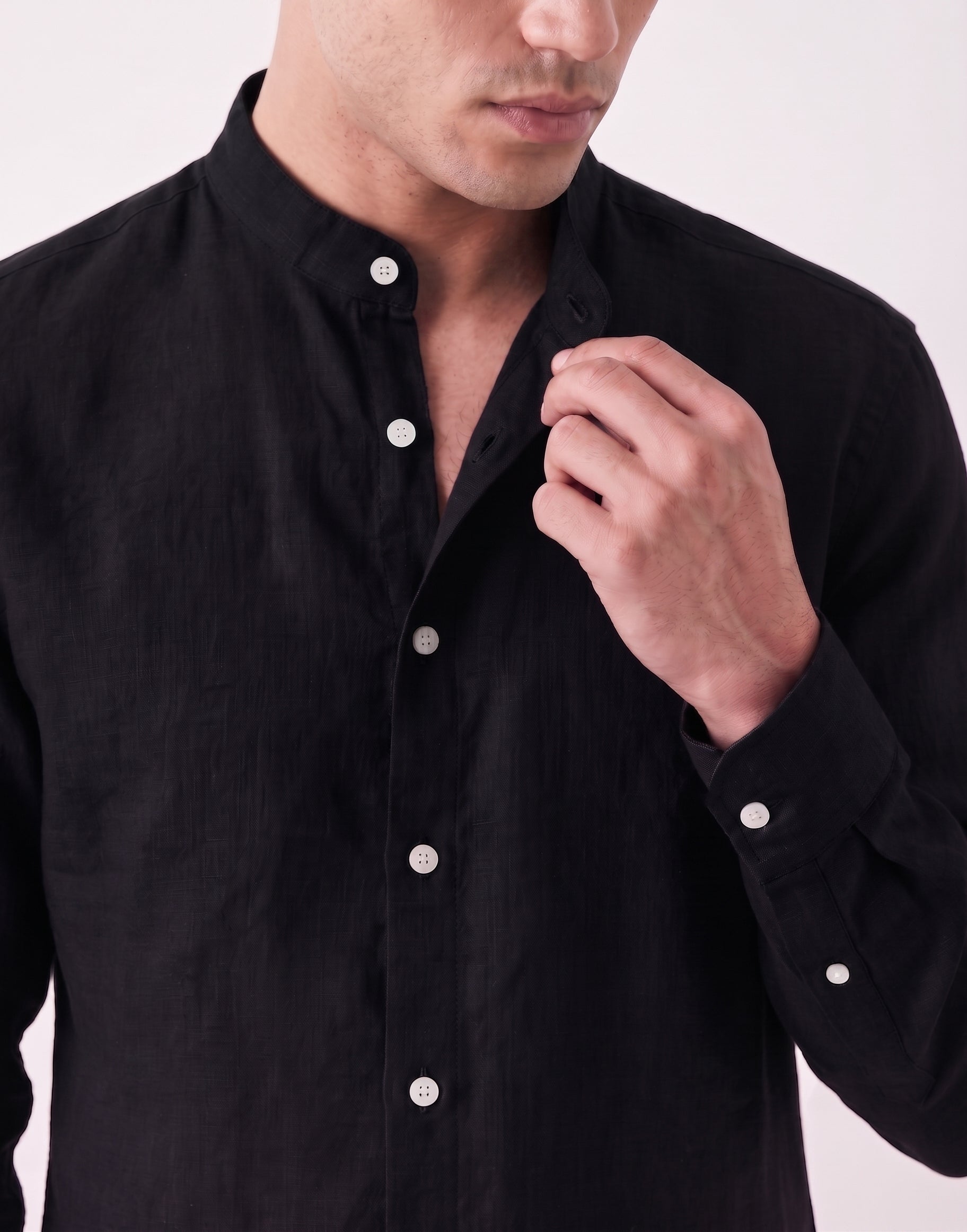Black Chinese Collar Linen Shirt