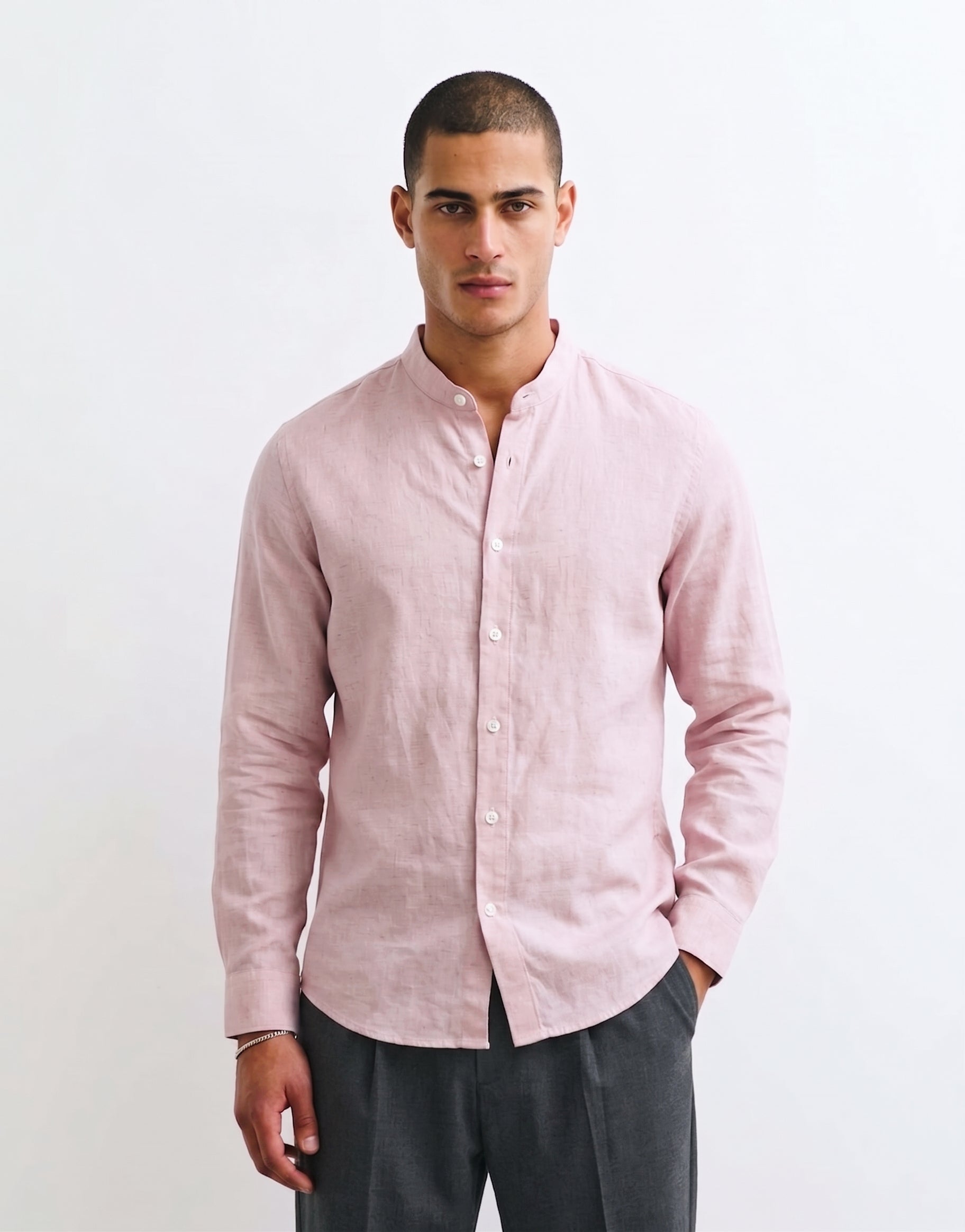 Petal Pink Chinese Collar Linen Shirt