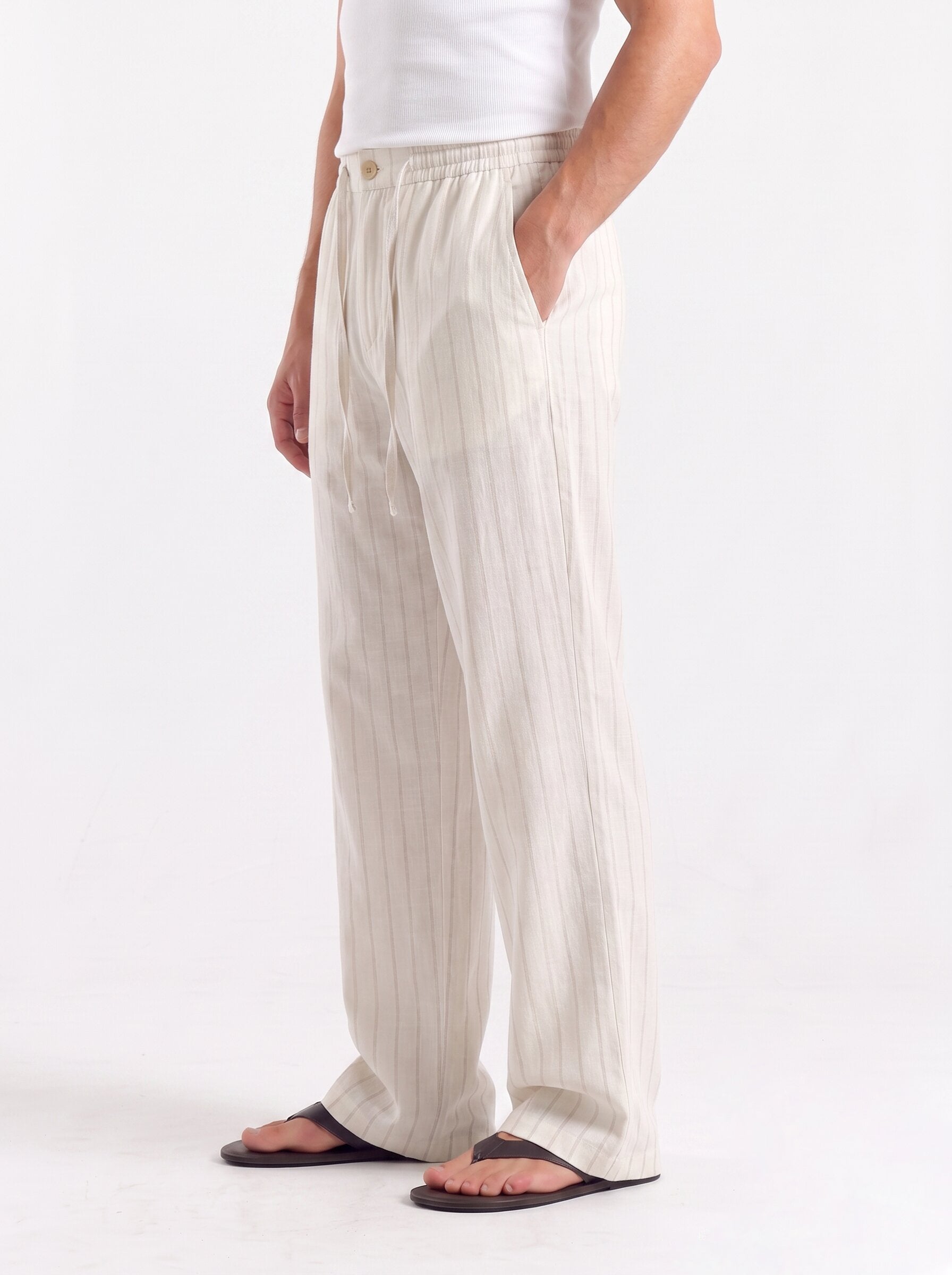 Warm Ivory Striped Cotton linen Pant