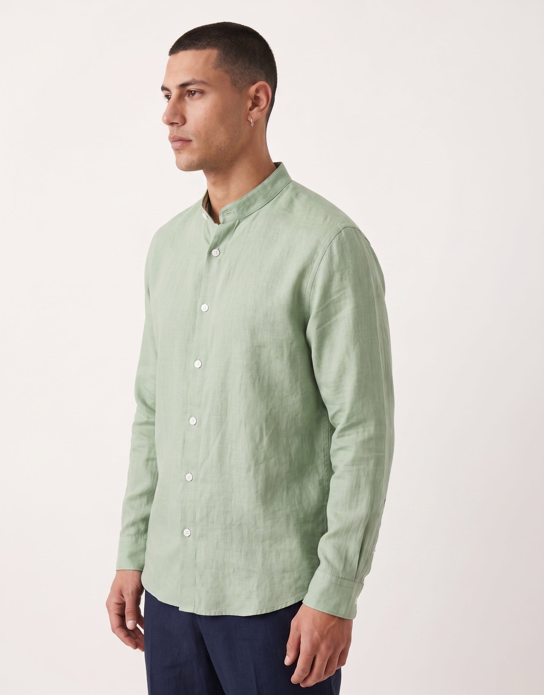 Pistachio Chinese Collar Linen Shirt