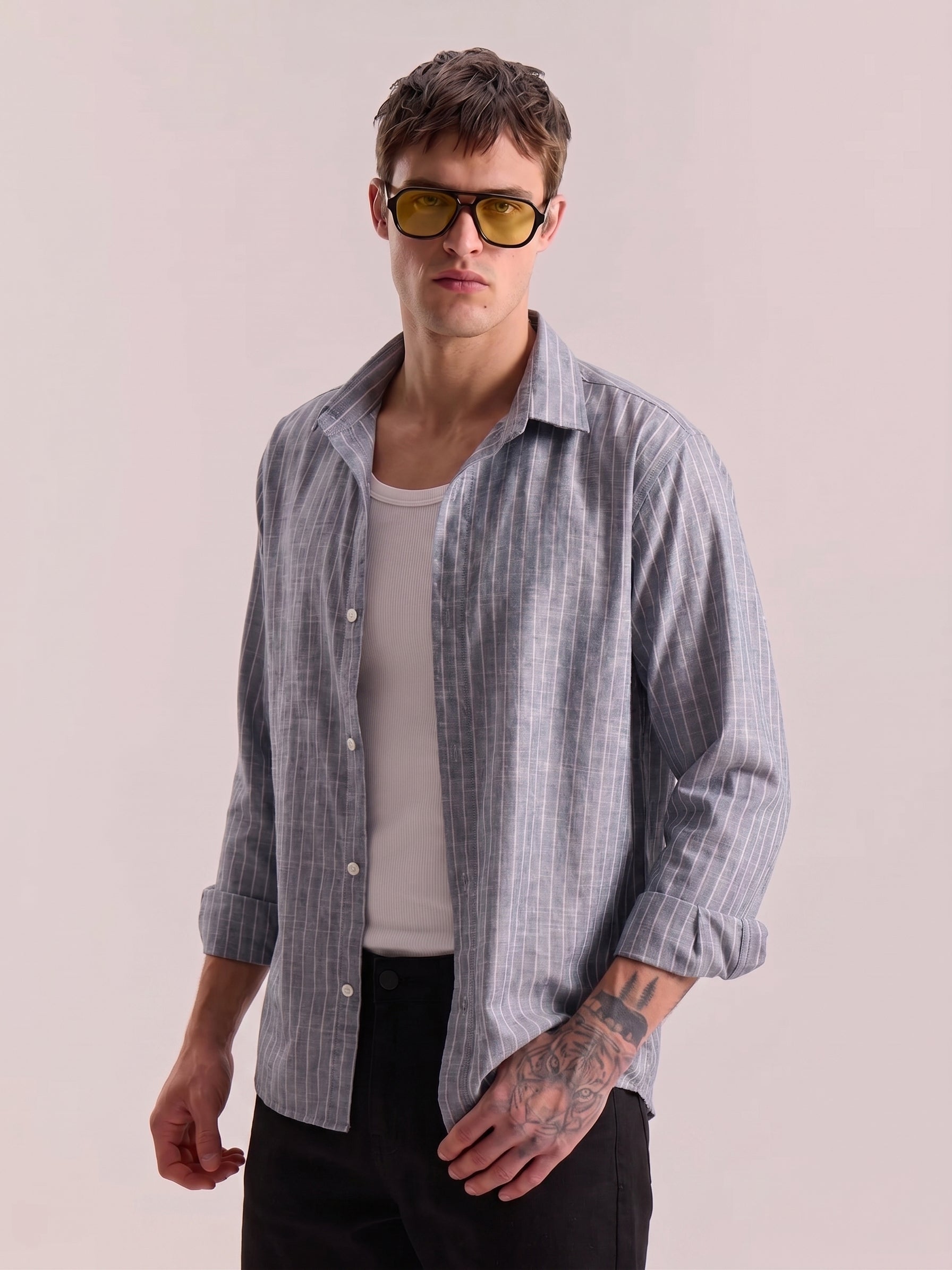 Navy Blue Striped Linen Shirt