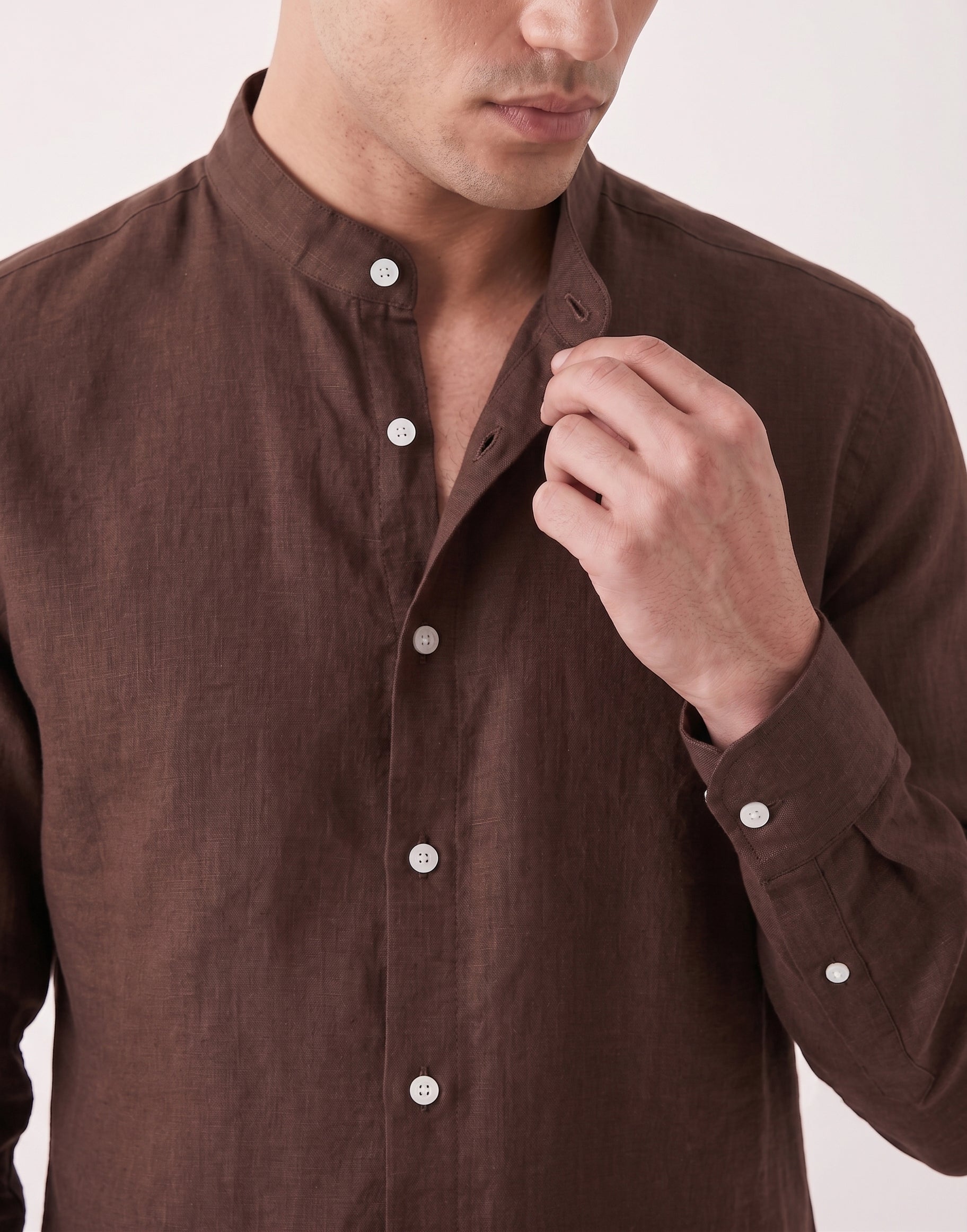 Mocha Chinese Collar Linen Shirt