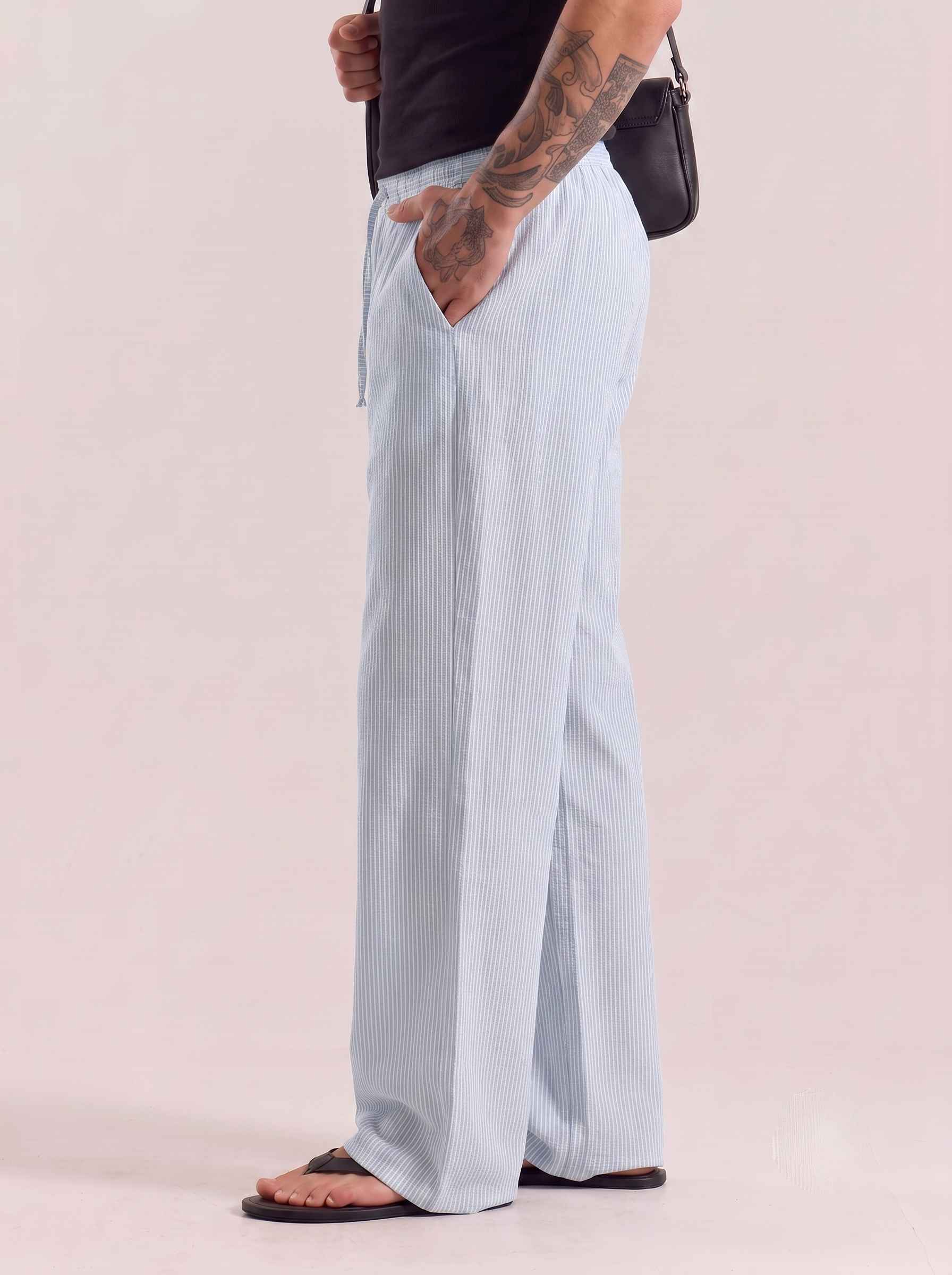 Ice Blue Striped Cotton Linen Pant