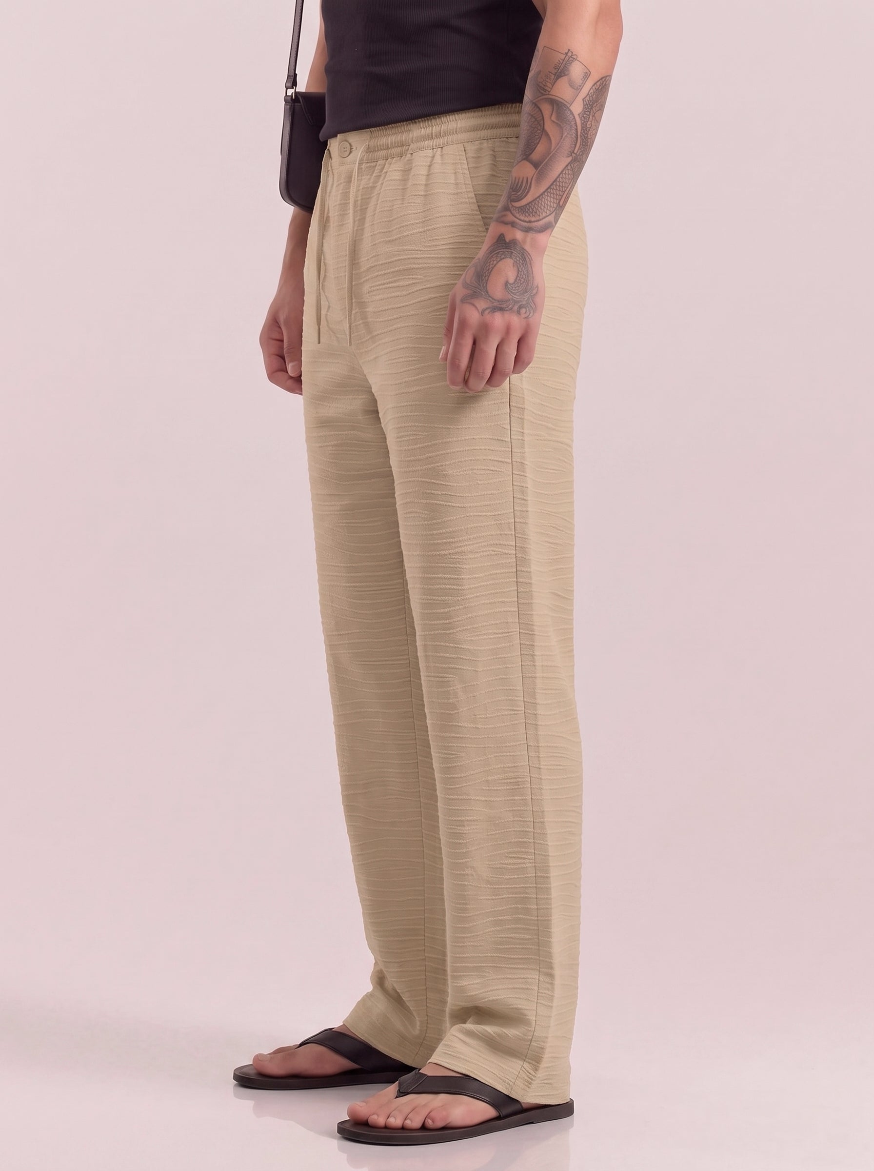 Sand Beige Striped Cotton Linen Pant