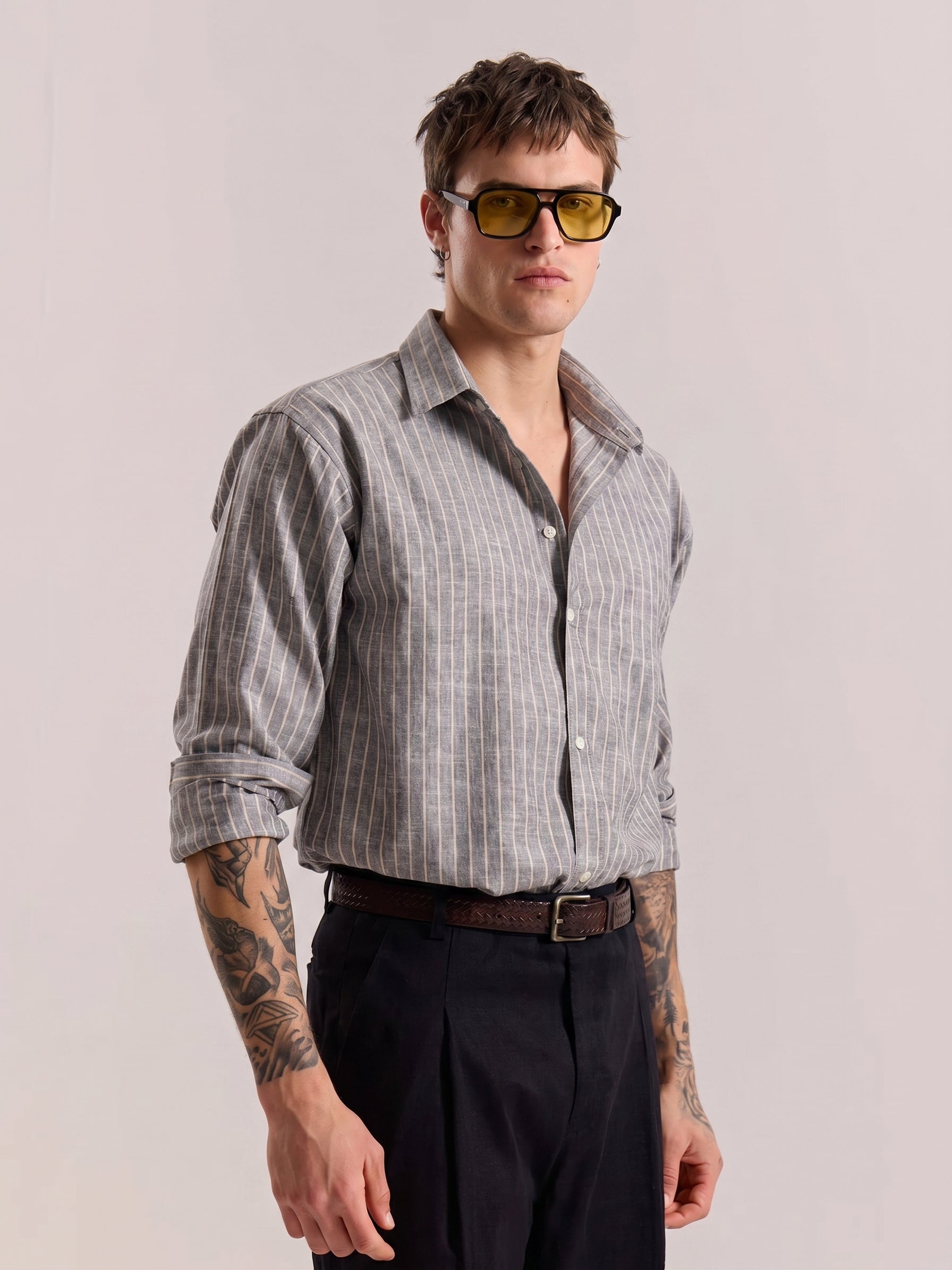 Grey Striped Linen Shirt