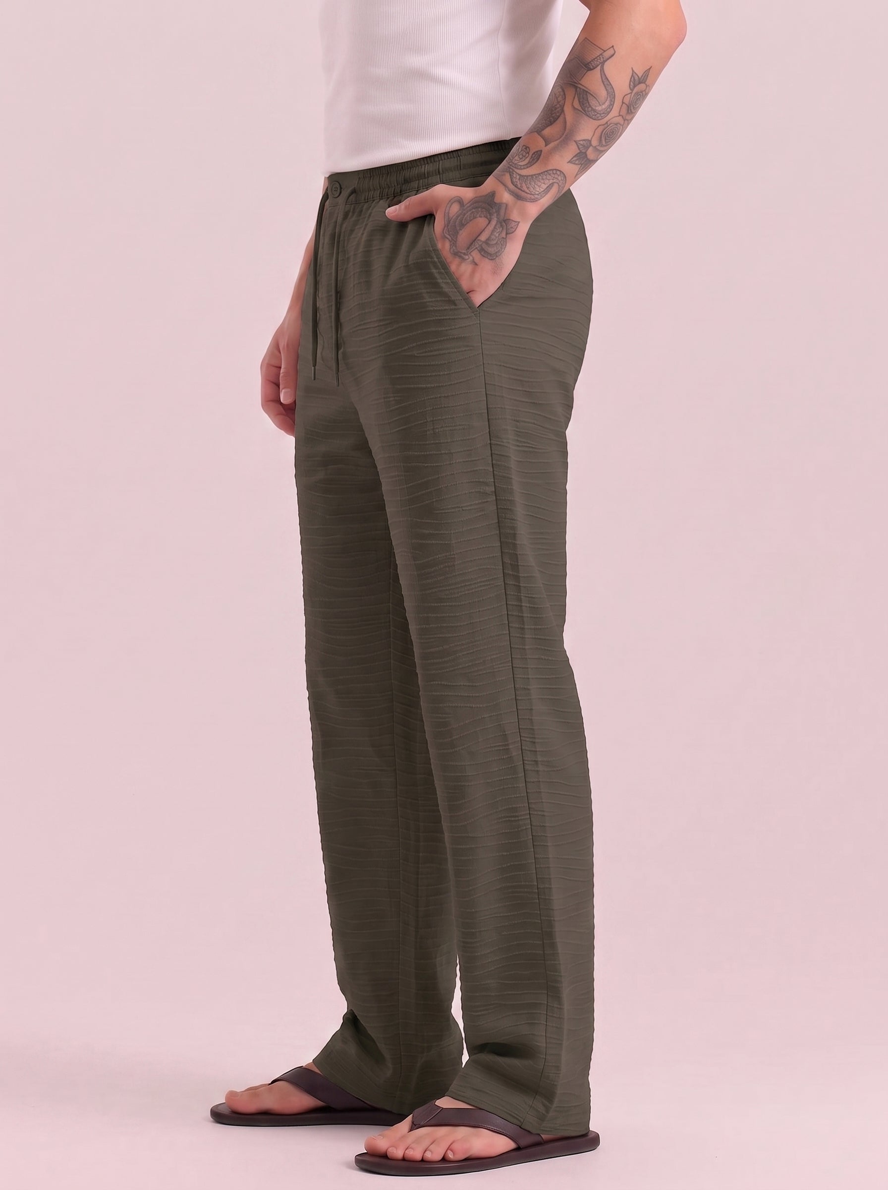 Green Striped Cotton Linen Pant