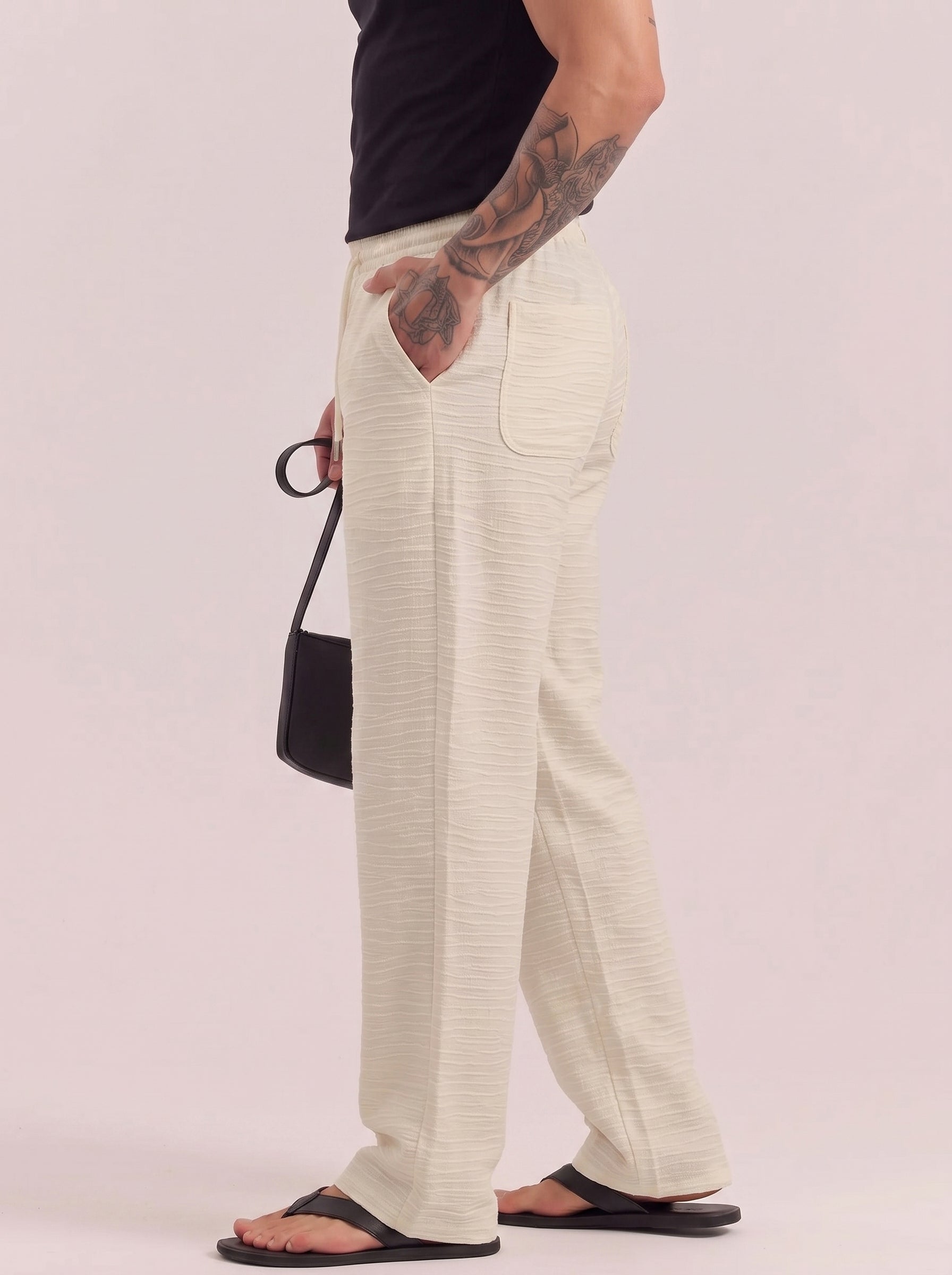 Rich Cream Striped Cotton Linen Pant
